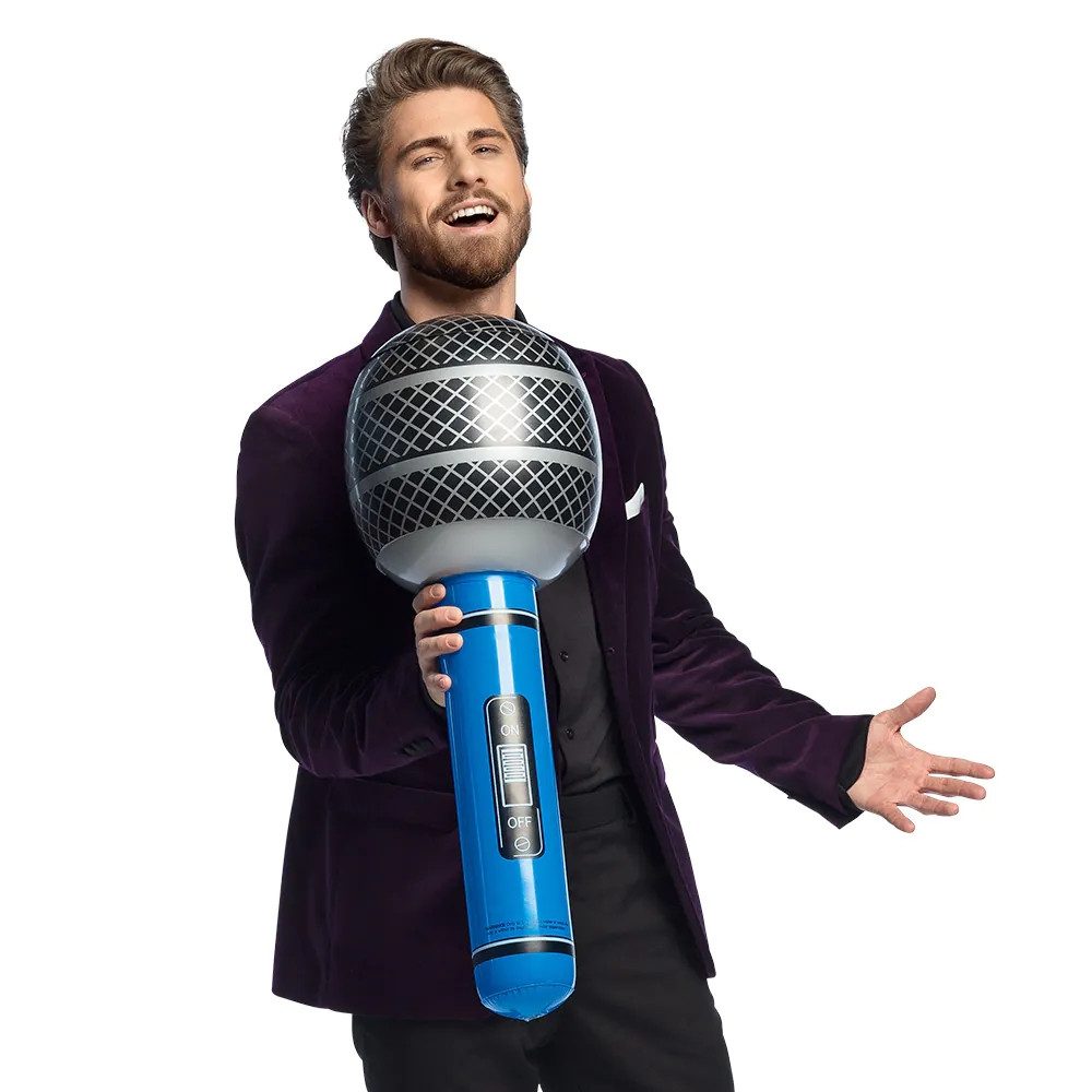 Boland Kostüm Aufblasbares Mikrofon 76 cm lustiges Party Accessoire für Karaoke Show, Lustiges Party Gadget in Silber-Blau Optik
