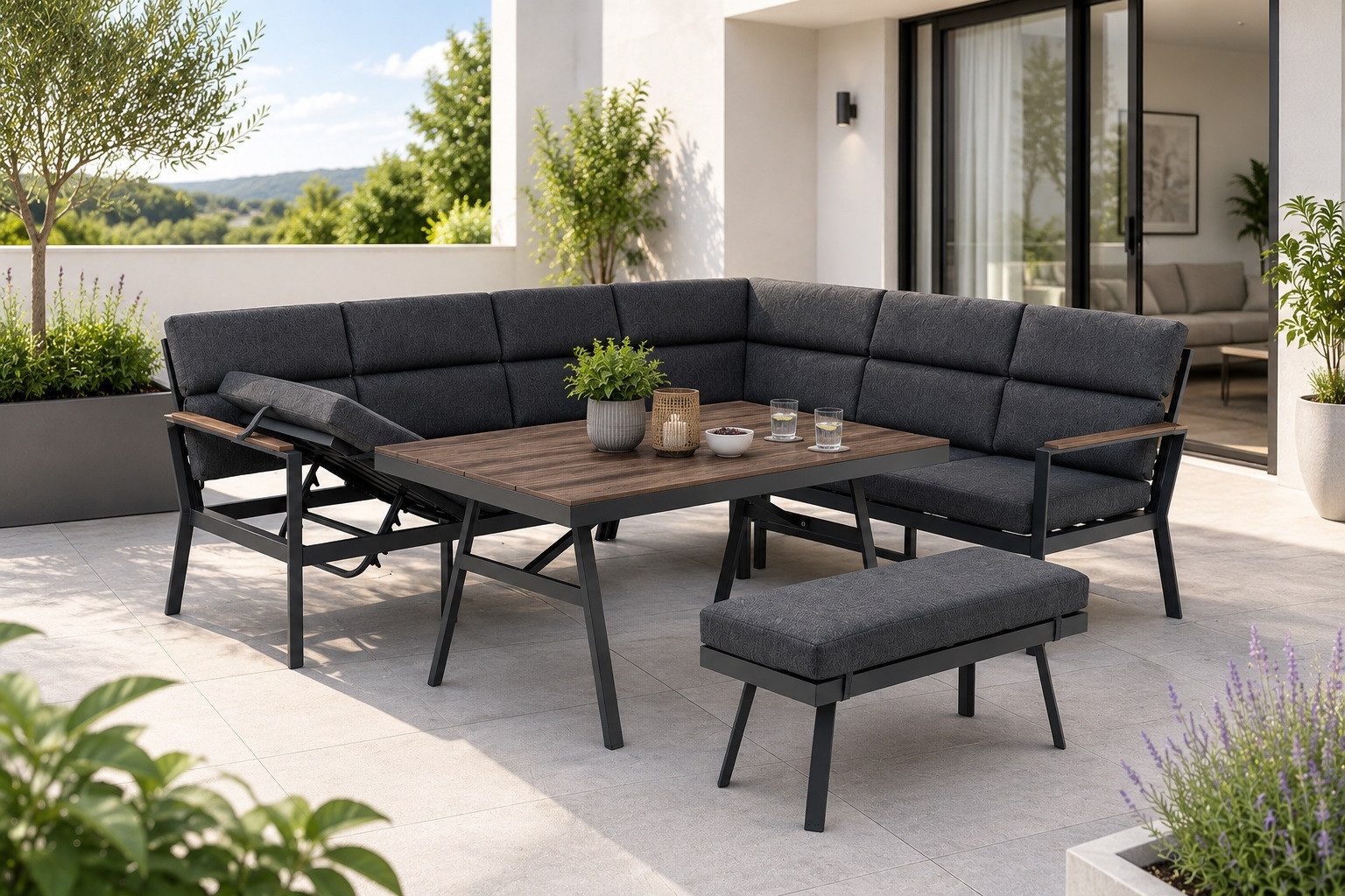 Gardissimo Gartenlounge-Set Nara Oak rechts / Gartenmöbelset / Dining Eck Lounge Set, (Set, 3-tlg., Alu, Ecklounge, Esstisch, Bank, inkl. Auflagen), Dining Höhe, Liegefunktion, wetterfest