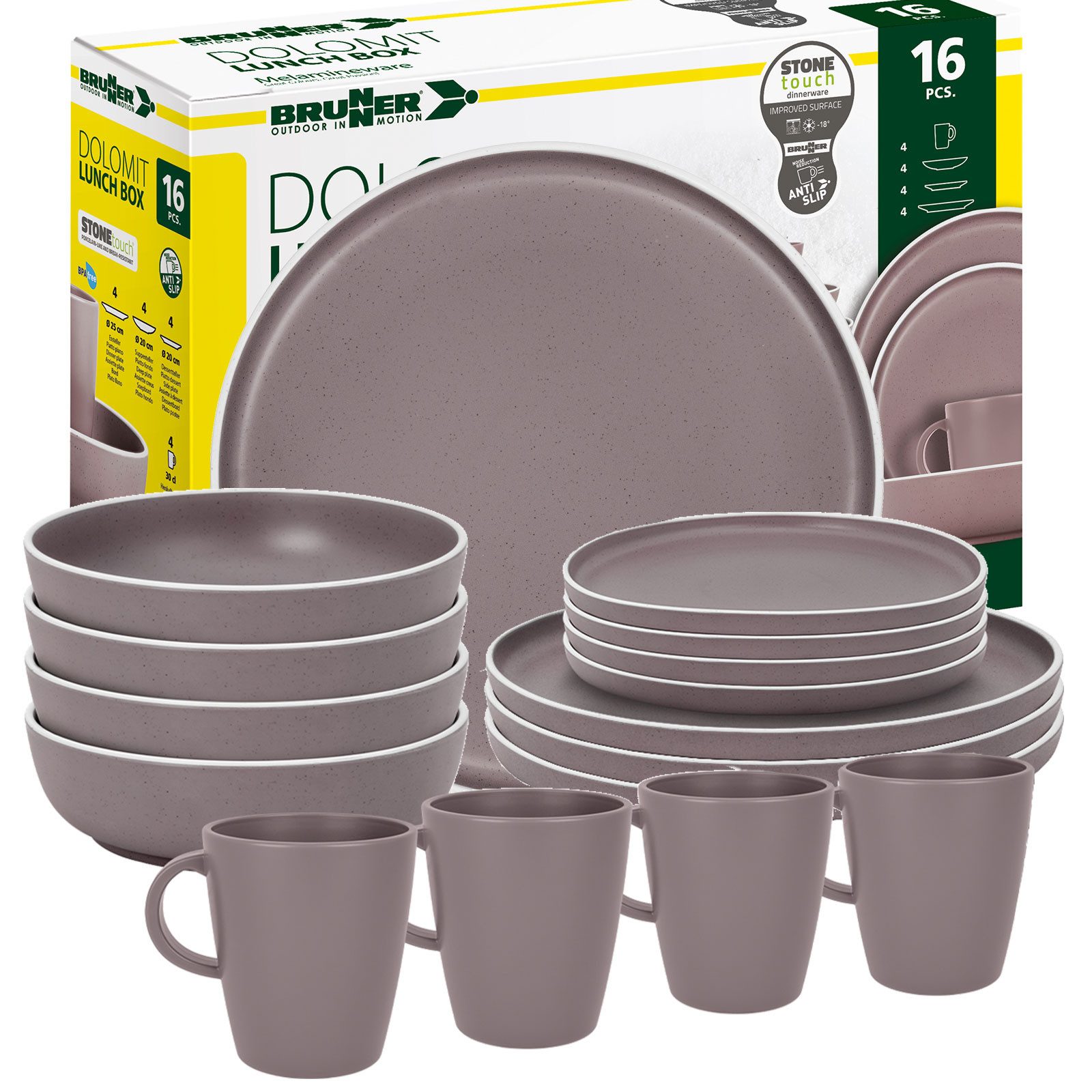 BRUNNER Geschirr-Set BRUNNER Camping Geschirrset DOLOMIT (12, 16, 36-tlg) ROSE AntiSlip (16-tlg)