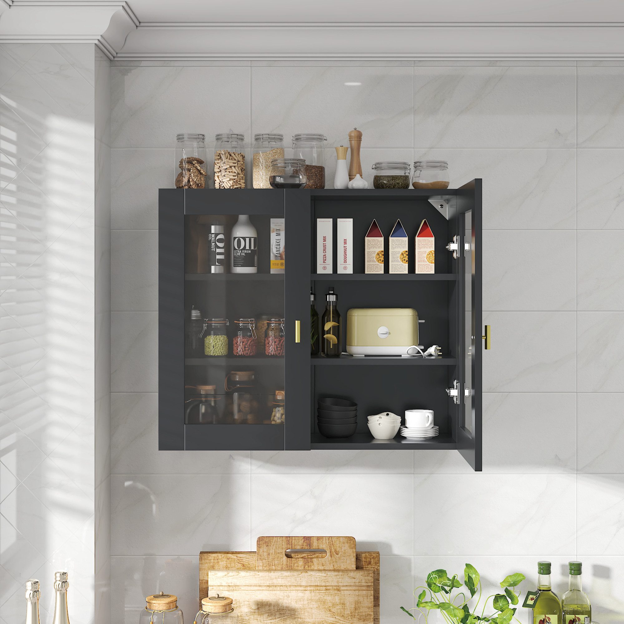 radelldar Hängeschrank Küchenhängeschränke mit 2 Glastüren, 70 x 60 x 23 cm,  (1-St) Schwarz