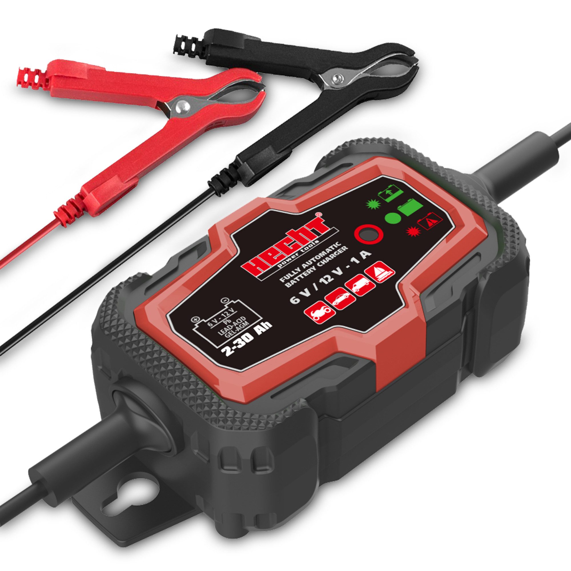 Hecht 2030 Erhaltungsladegerät 6V 12V 1A AGM GEL Blei IP65 2-30 Ah Batterie-Ladegerät (1000 mA, Vollautomatisch, Batteriepflege, Überwinterung, wetterfest)