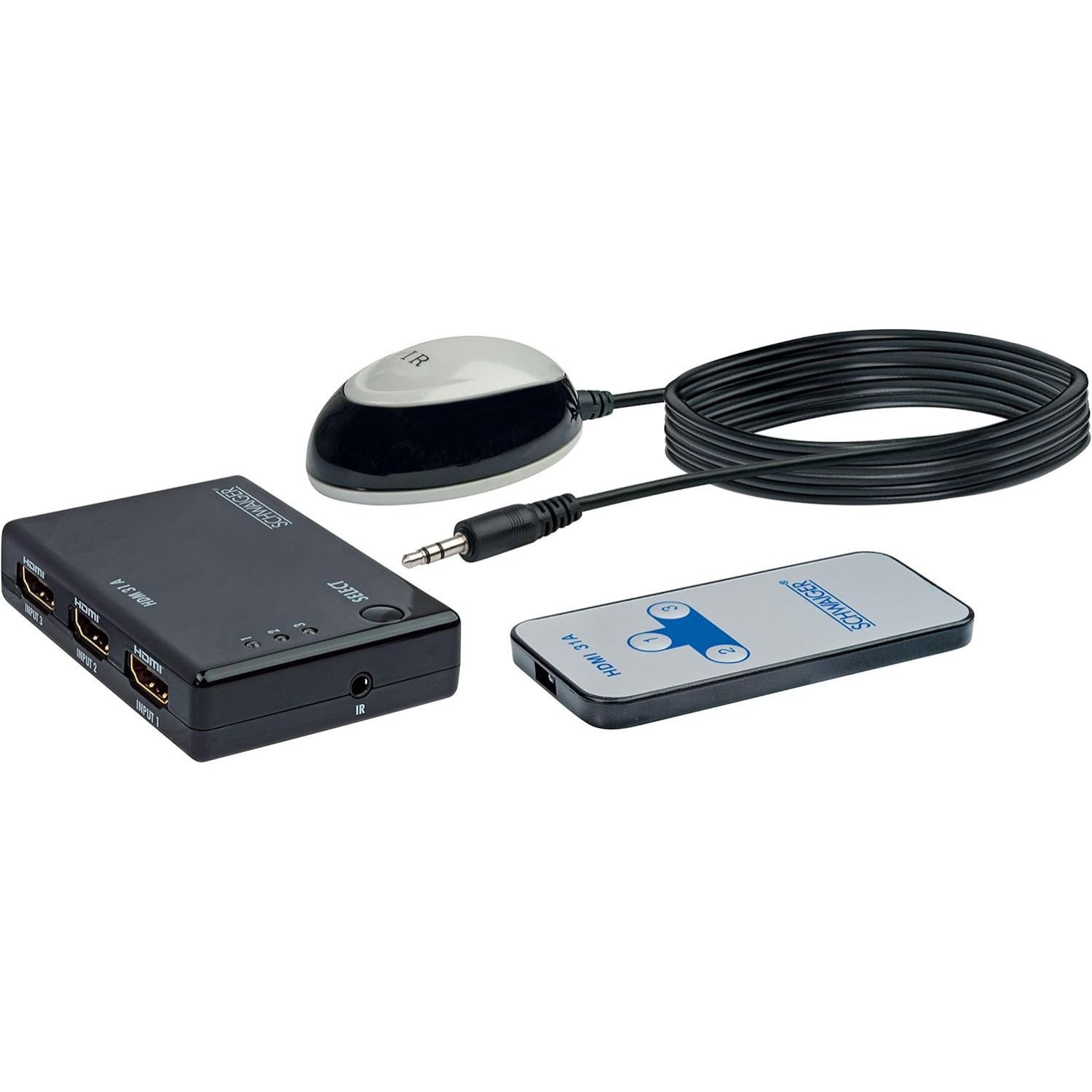 Schwaiger HDMI-Splitter 3in1 Auto HDMI Switch 4K Ultra HD UHD Full HD, Automatisch Verteiler Umschalter Splitter Fernbedienung IR-Empfänger