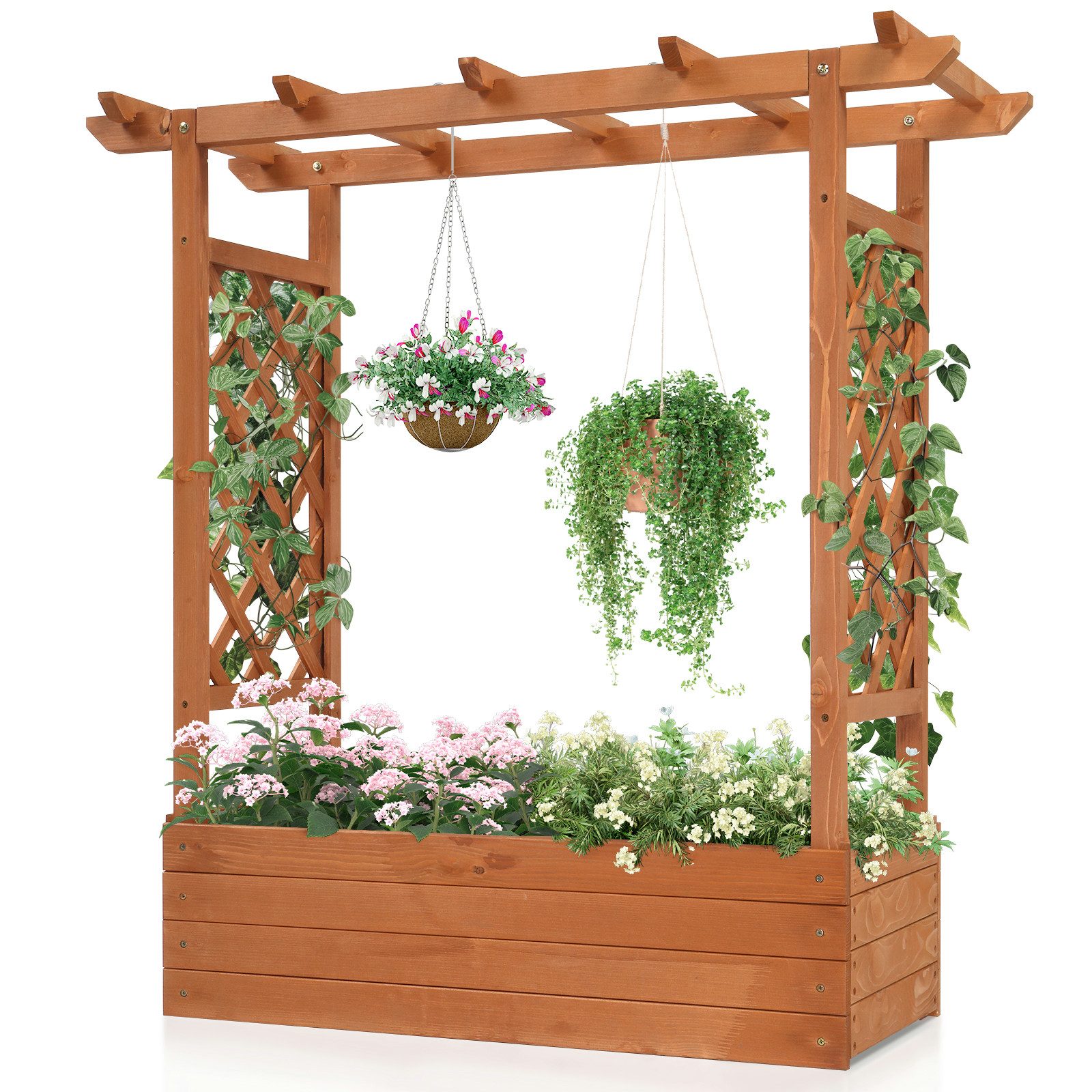 LALAHO Hochbeet Blumenkasten mit Rankhilfe Ablauflöchern, hängendes Dach, für Garten, Balkon, Terrasse, 110 x 45 x 113 cm
