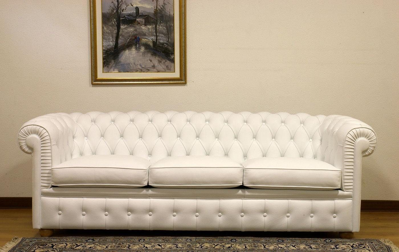 JVmoebel 3-Sitzer Design Chesterfield Sofa Leder Couch Weiß 100% Leder Sofort