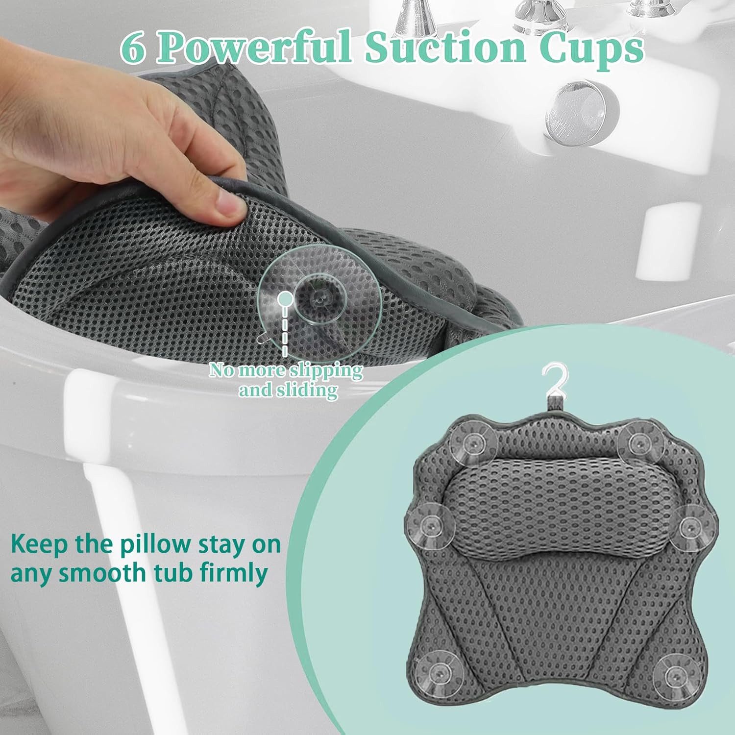 Refined Living Badewannenkissen Ergonomisches Badekissen mit 4D-Air-Mesh & 6 Saugnäpfen,Spa Badekissen, Luxus Badewannenkissen mit Aufhängehaken, 4D Air Mesh Badekissen, Kopfkissen Badewanne, Badewannenzubehör, Nackenkissen Badewanne, mit Nacken- und Rückenstütze, rutschfest und waschbar, 1-tlg., schimmelresistent,antibakteriell,atmungsaktiv, weiches, wasser, für alle Badewannen, Whirlpools und Jacuzzis, Wellness Badekissen