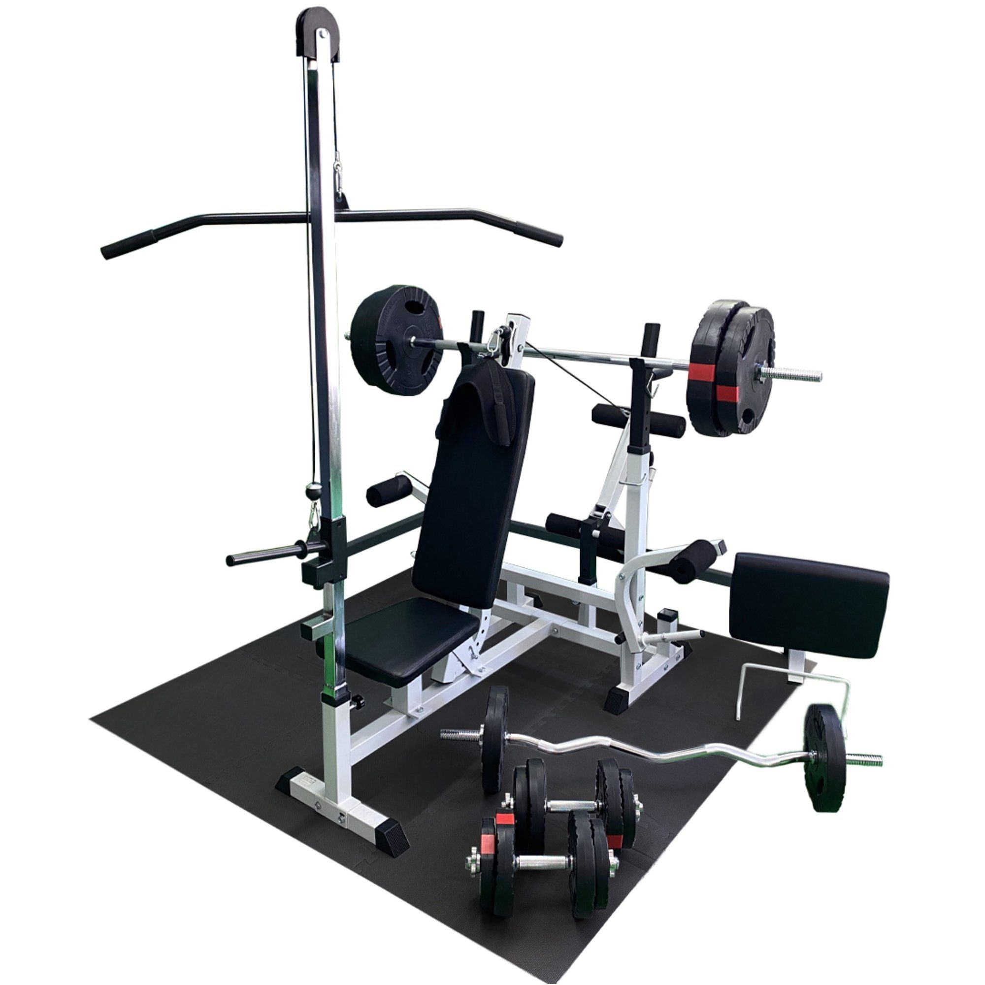 Kraftstation Hantelbank mit verstellbare Hantelablage, Beincurler, 100 kg Hantelset