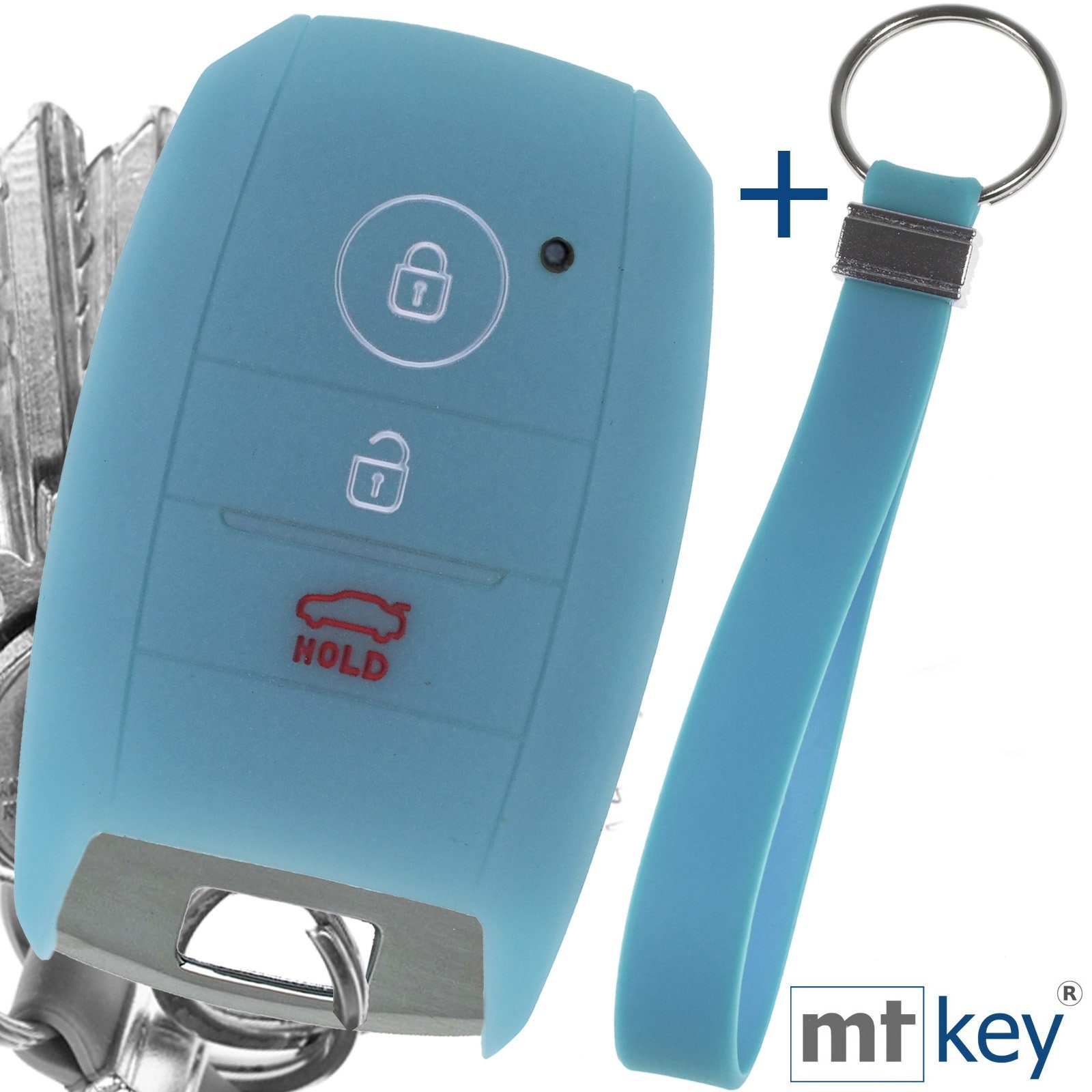 mt-key Schlüsseltasche Autoschlüssel Silikon Schutzhülle fluoreszierend Blau + Schlüsselband, für KIA Picantio Rio Ceed Soul Sportage Stonic 3 Tasten KEYLESS