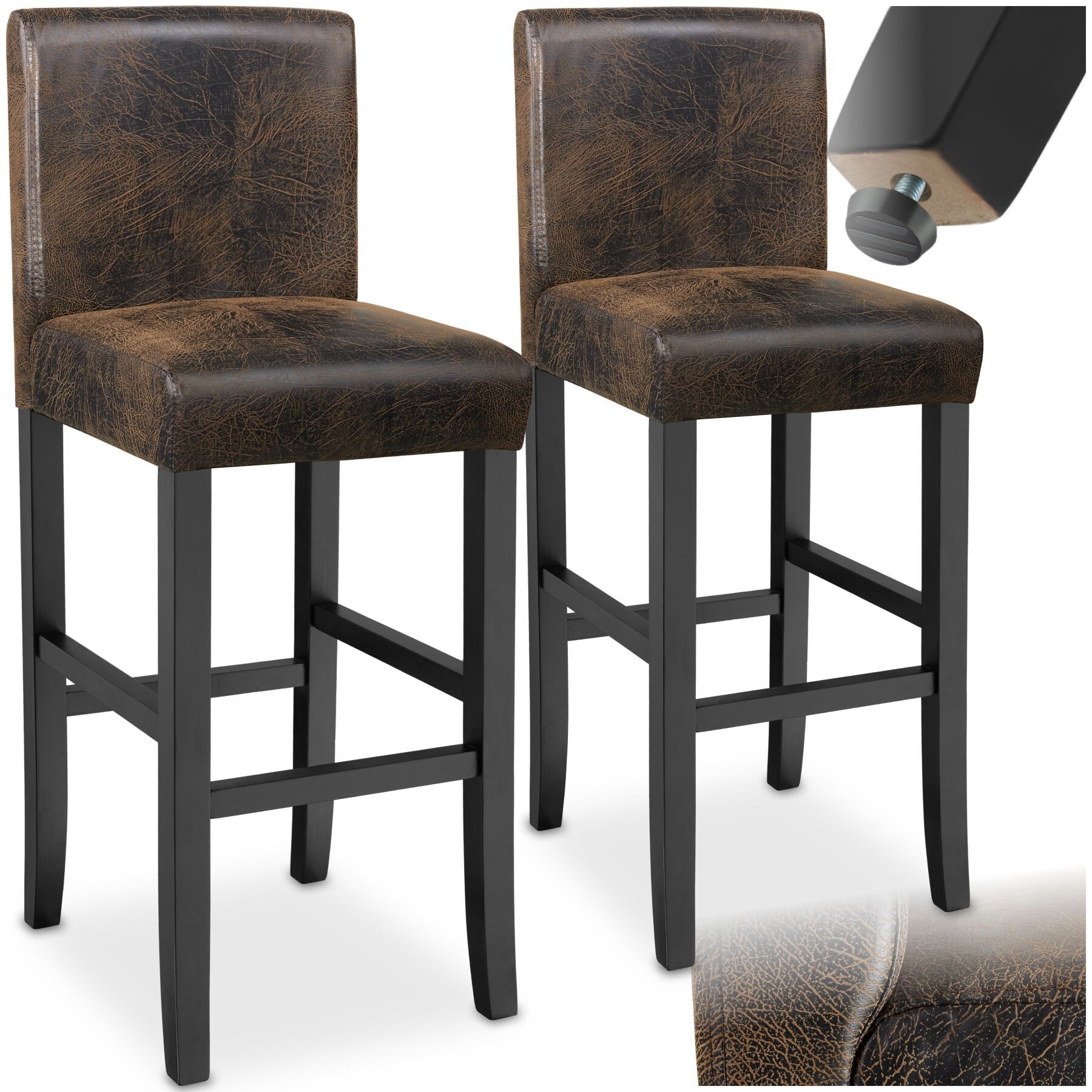 tectake Barhocker Bistrostuhl, Sitzhöhe gepolstert mit Rückenlehne, 76 cm (Barstuhl, in antikbraun), Bezug aus Kunstleder, Stuhlbeine aus Massivholz, mit Fußstützen