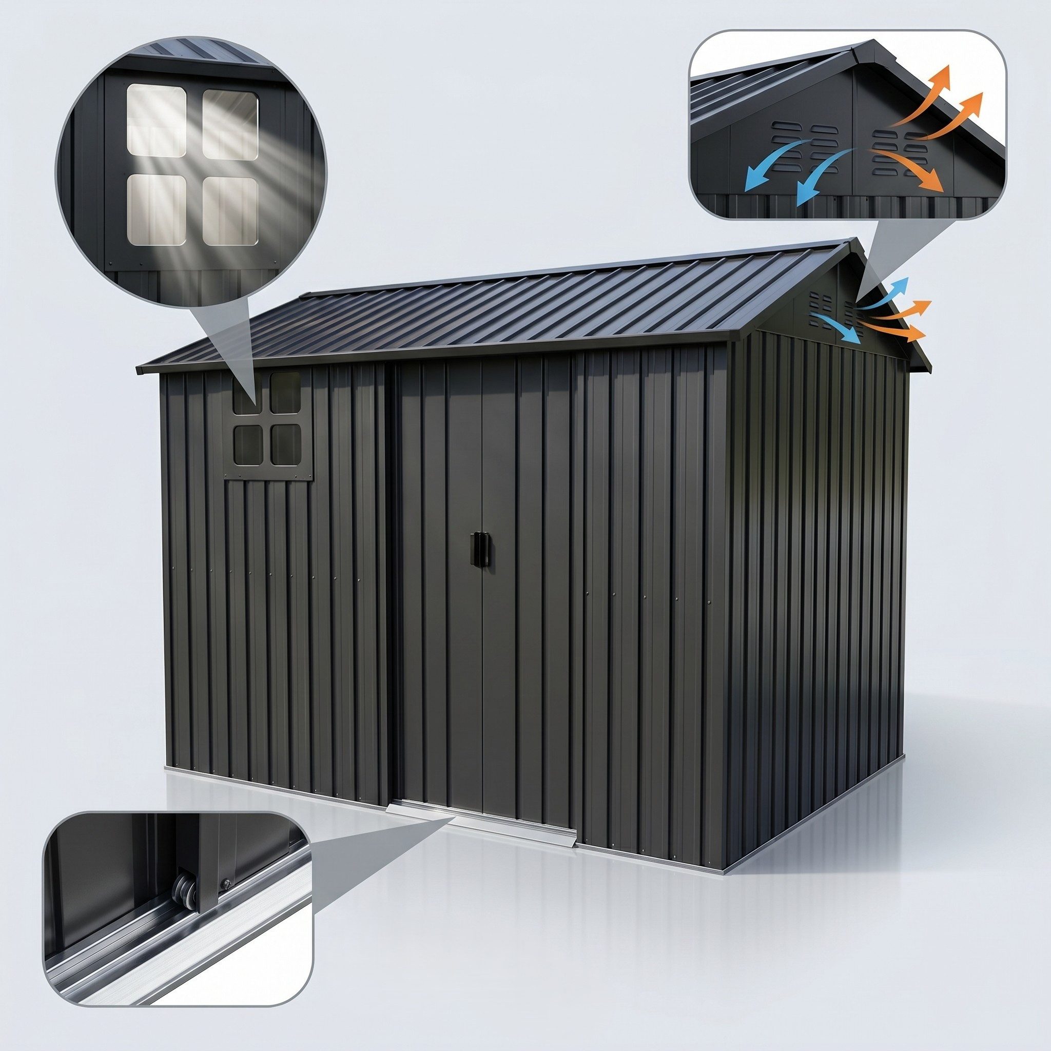 Rolipo Gerätehaus Metall Gartenhaus mit Fenster und Doppeltüren 254,8x183,5x193,3 cm, verzinkter Stahl, Spielzimmer für Eltern und Kinder/Haustiere