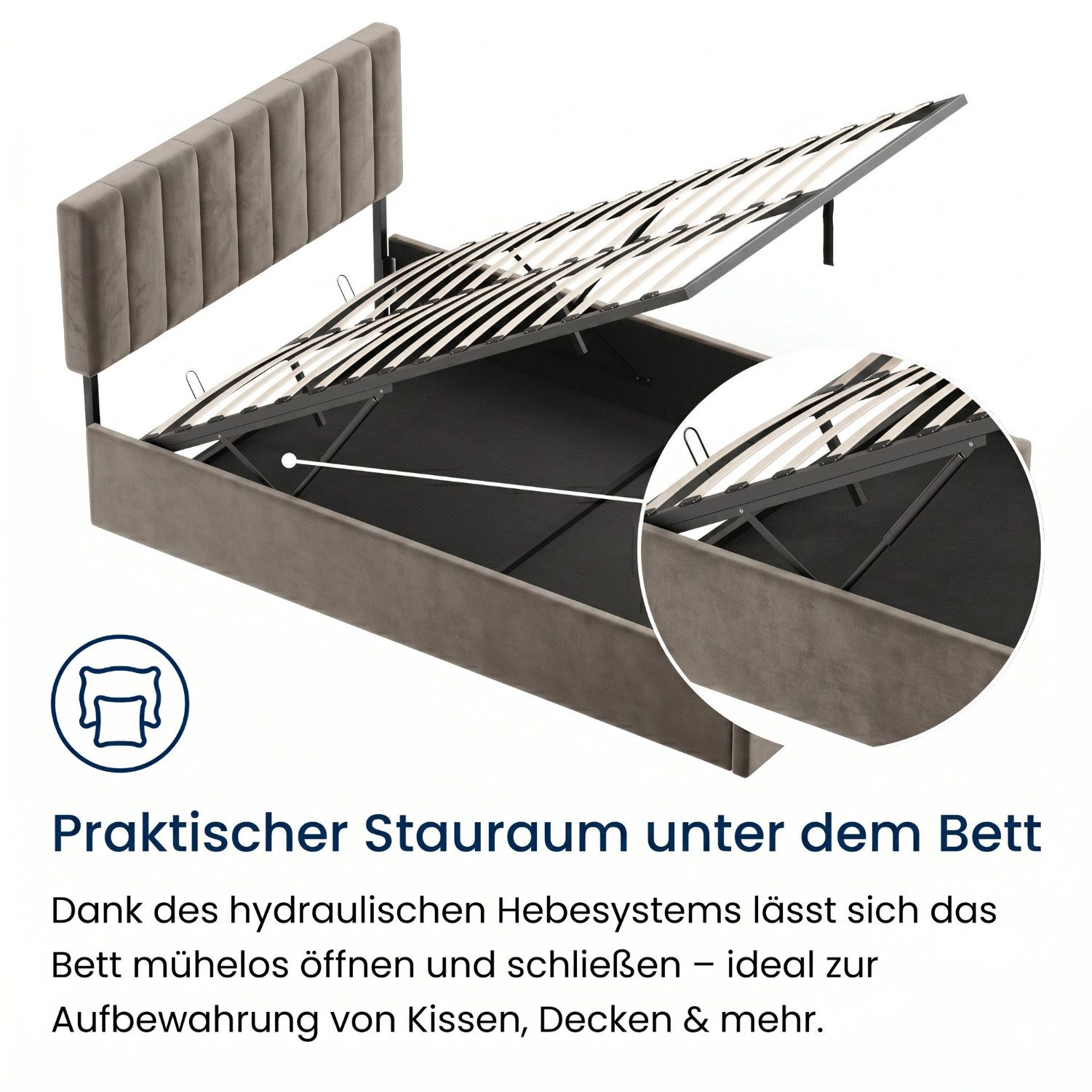 Home Collective Polsterbett mit Stauraum und Lattenrost Doppelbett Gepolstertes Bett (Verfügbare Größen: 140x200 und 160x200 cm), hydraulischer Bettkasten Kopft – Bild 4 von 5