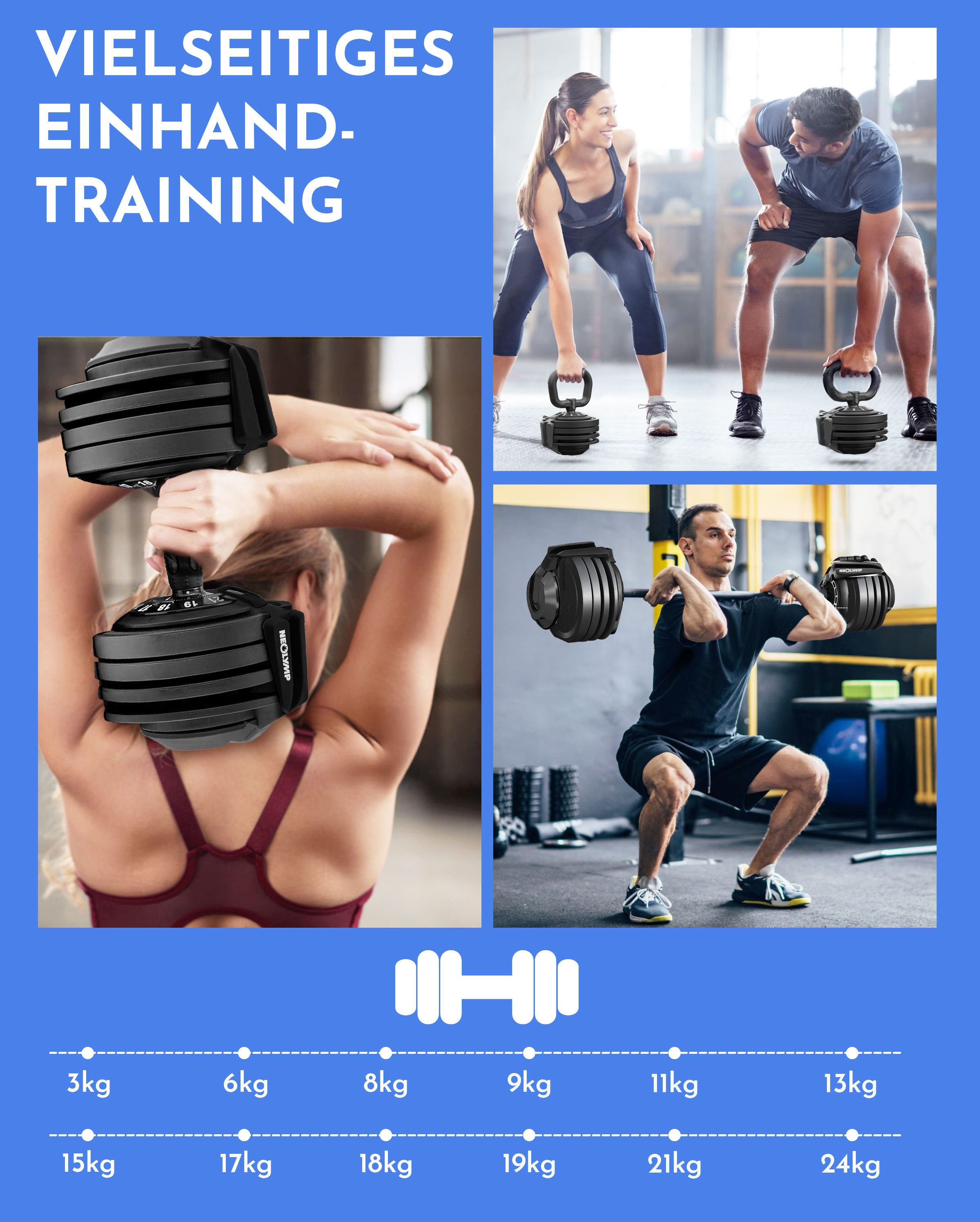 NEOLYMP Kurzhantel Hanteln verstellbar 2-40kg- 8-12 Gewichtsstufen mit Drehgriff-Dumbbell, (Ergonomisch, rutschfest und platzsparend - Hanteln verstellbar), 1 x 24kg