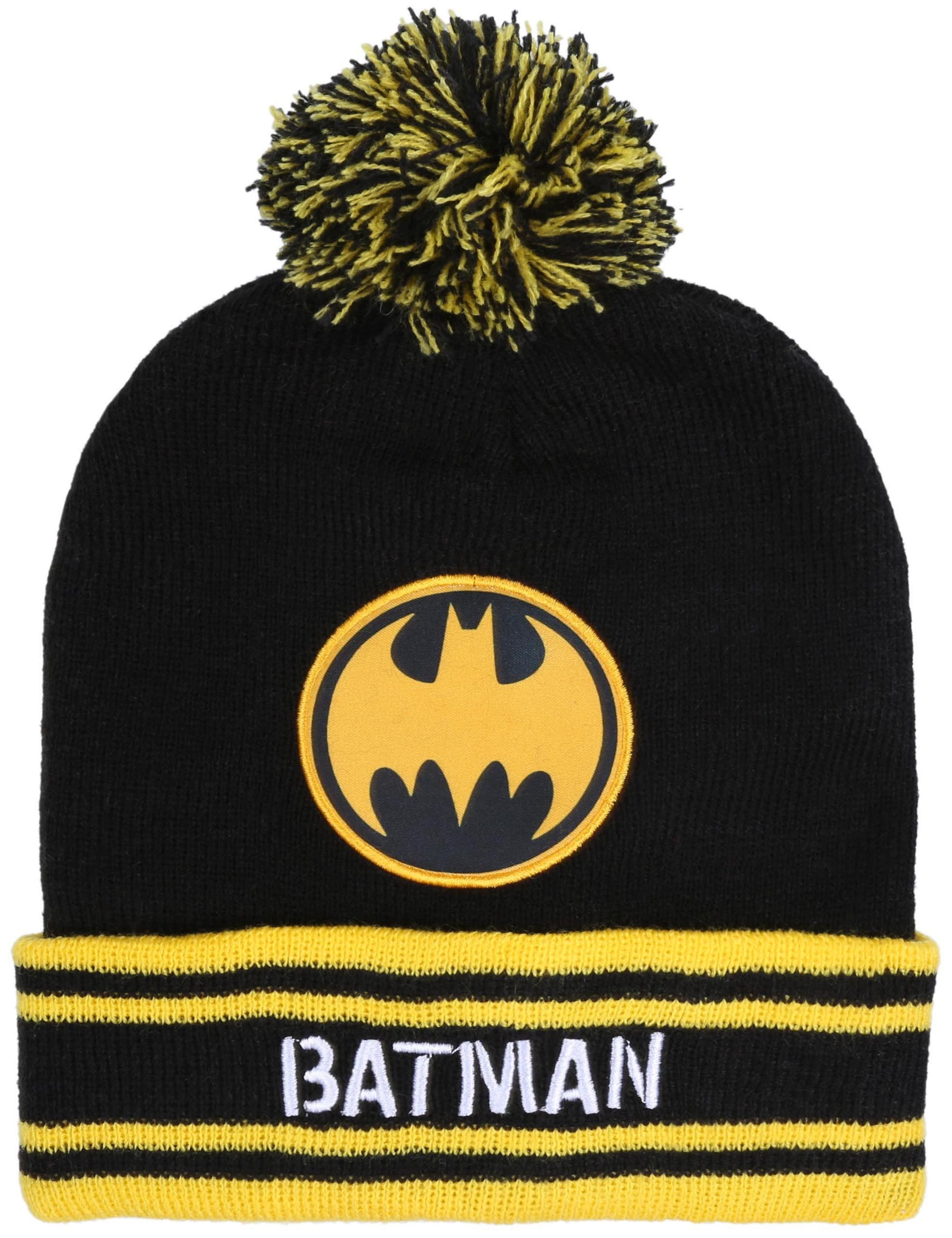 Batman Beanie Warme, schwarz-gelbe Mütze mit Pompon BATMAN 54