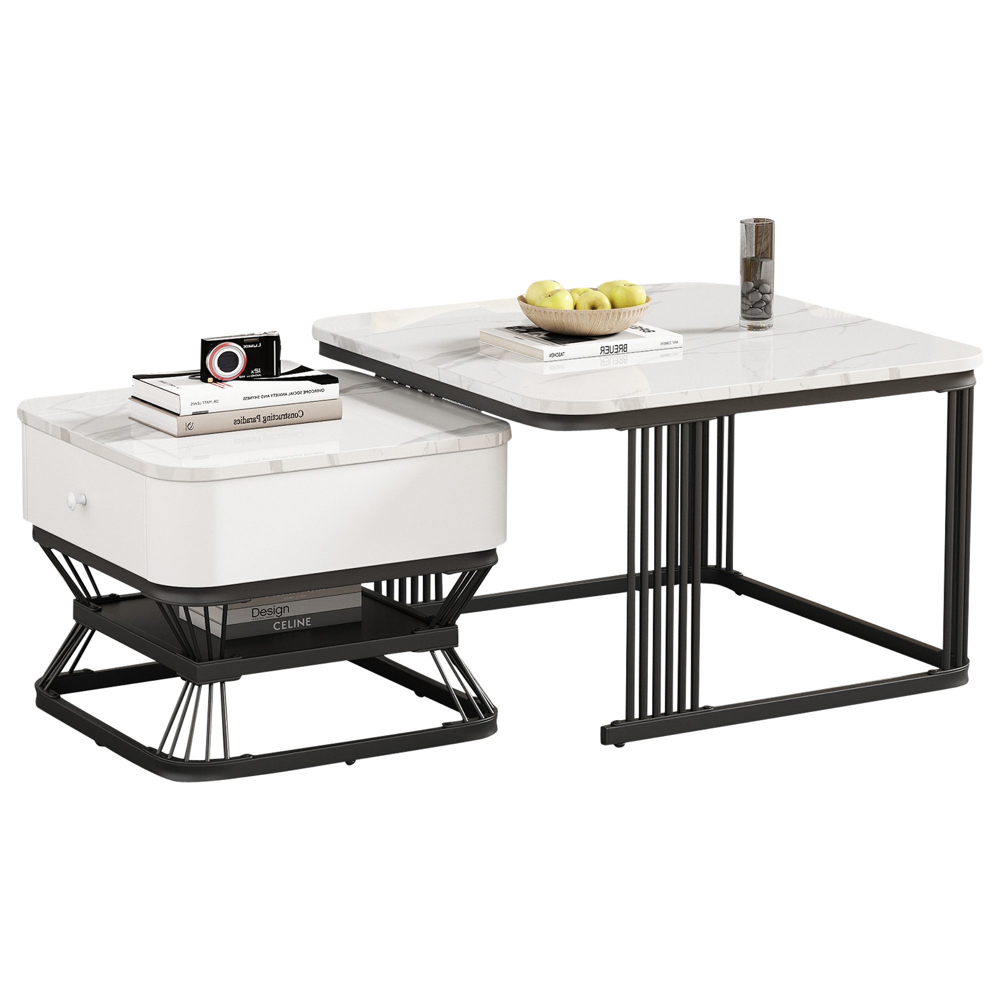 Merax Couchtisch im Marmoroptik mit Metallrahmen (2er Set)