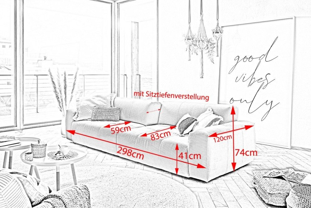 KAWOLA 3-Sitzer PALACE, Big Sofa Couch mit Sitztiefenverstellung Leder verschiedene Farben