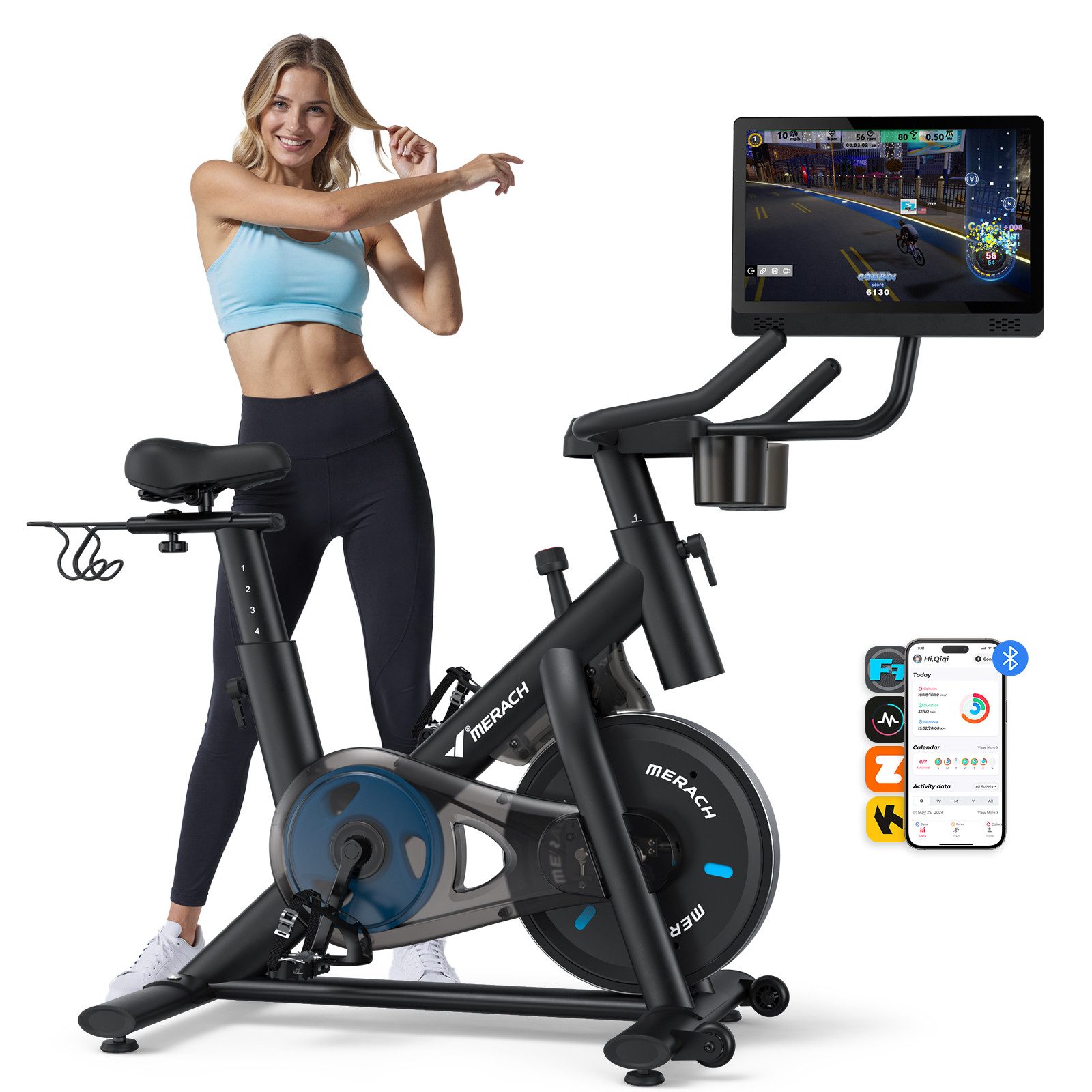 MERACH Heimtrainer Fahhrad für Zuhause, leises Fitnessbike mit Tablet-Halter (Fahrradtrainer mit HD-Screen, Bluetooth, Kinomap&Zwift kompatibel, 1-tlg., Stationäres Fahrrad mit verstellbare Sitz, Wasserflasche-Halter), Magnetischer Widerstand, 8 Widerstandsstufen, bis 136 KG belastbar