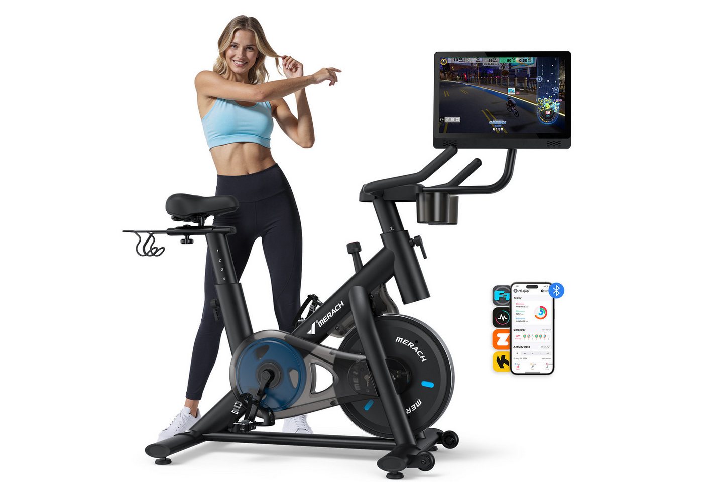 MERACH Heimtrainer Fahhrad für Zuhause, Leise Hometrainer Fahrrad mit APP (Fahrradtrainer mit HD-Screen, Bluetooth, Kinomap&Zwift kompatibel, 1-tlg., Stationäres Fahrrad mit verstellbare Sitz, Wasserflasche-Halter), Magnetischer Widerstand, 8 Widerstandss