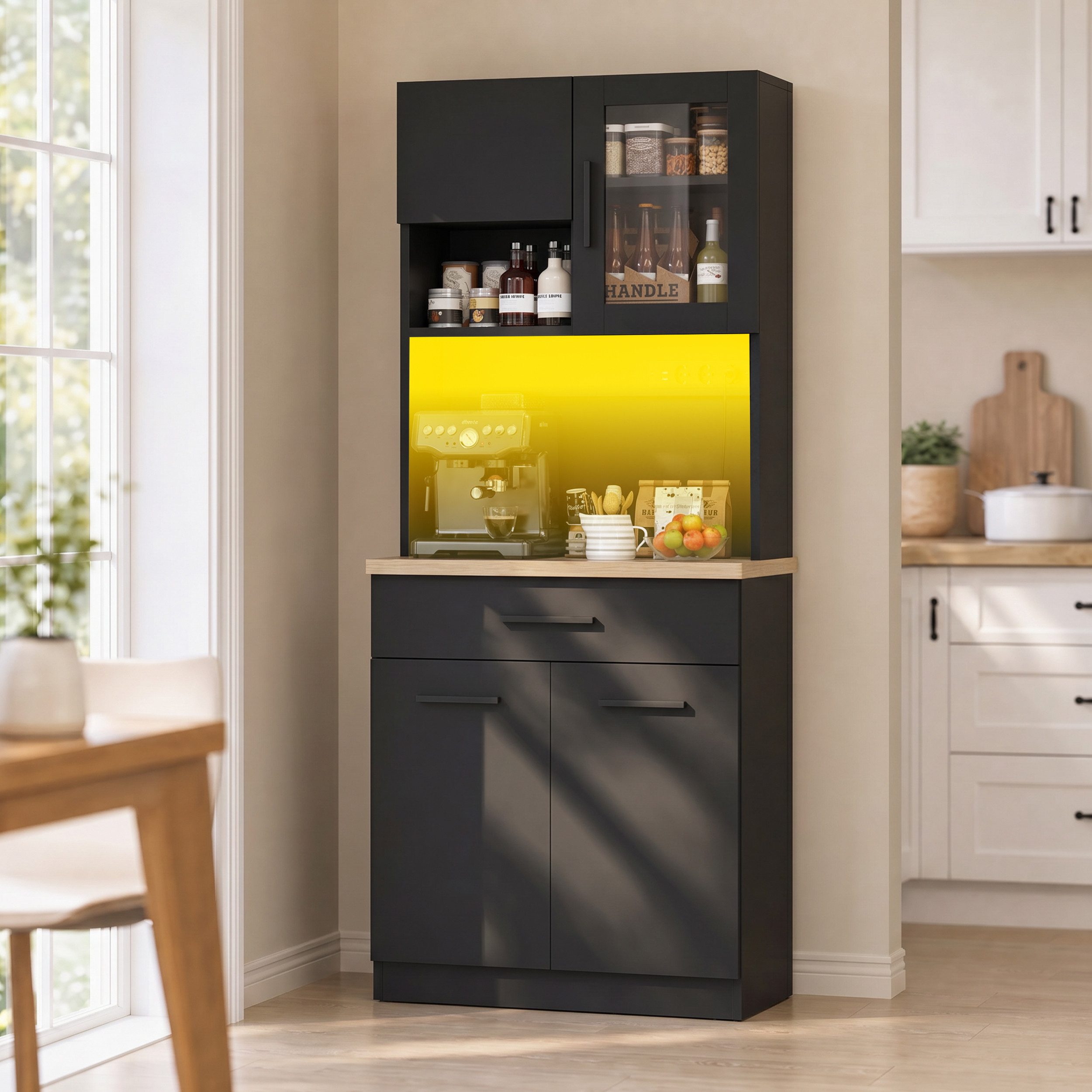 HOMALL Küchenbuffet Multifunktionale Geschirrschranke (80x40x182 cm, Flurschrank Mit großer Schublade, LED-Beleuchtung, Steckdose)