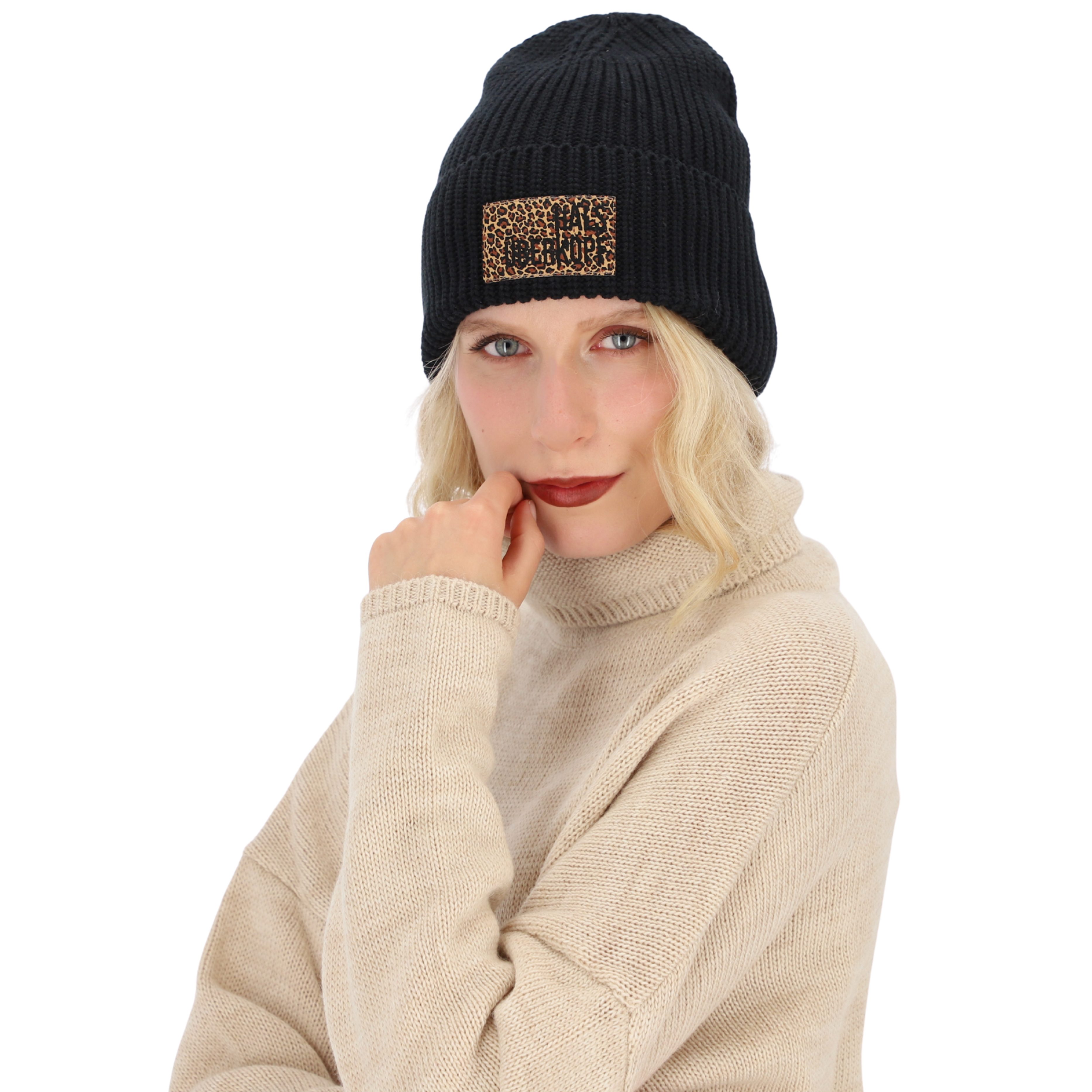 halsüberkopf Accessoires Strickmütze mit Leo-Badge und Schriftzug Halsüberk günstig online kaufen