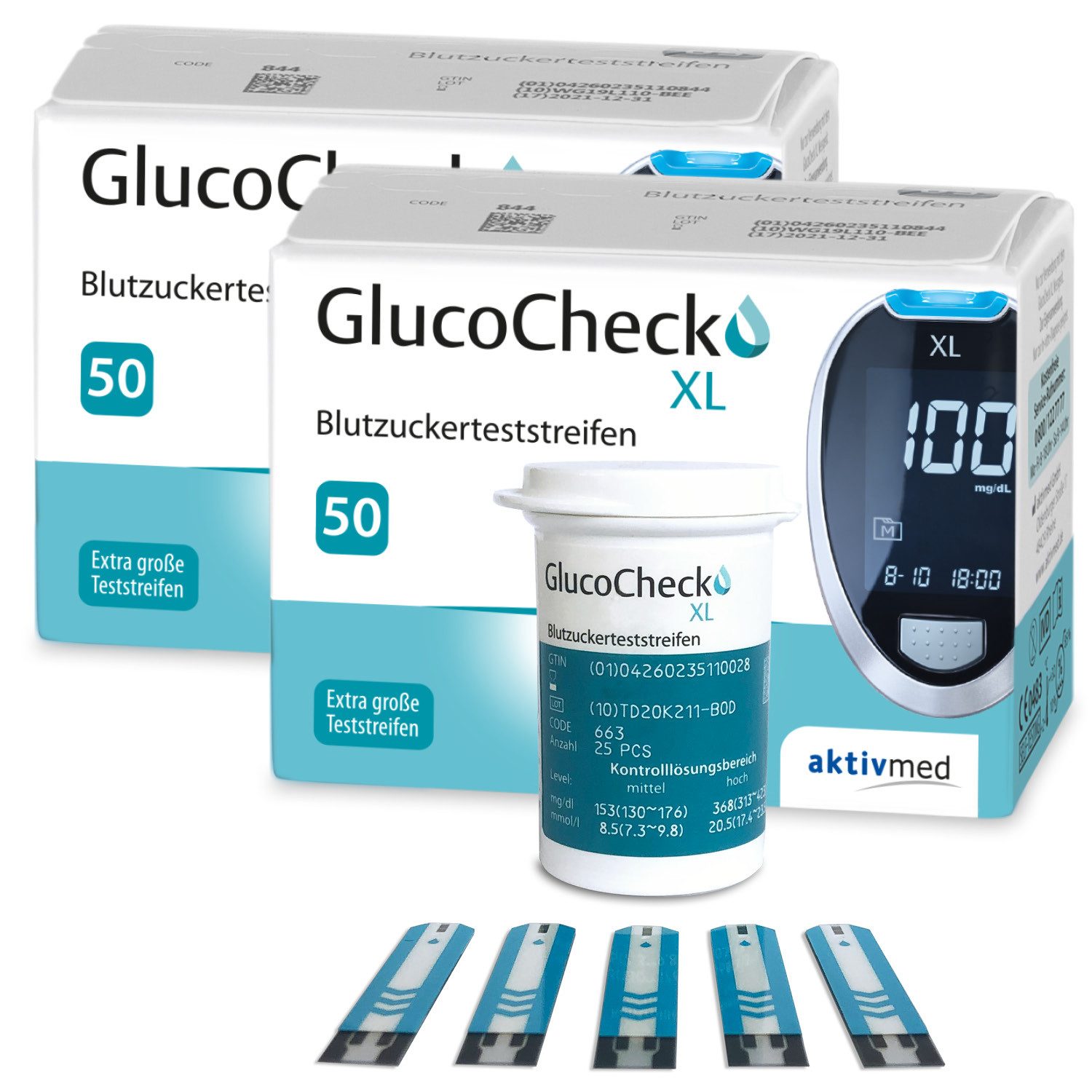 GlucoCheck Blutzucker-Teststreifen GlucoCheck XL Blutzuckerteststreifen, 100 Stück, 100-tlg.