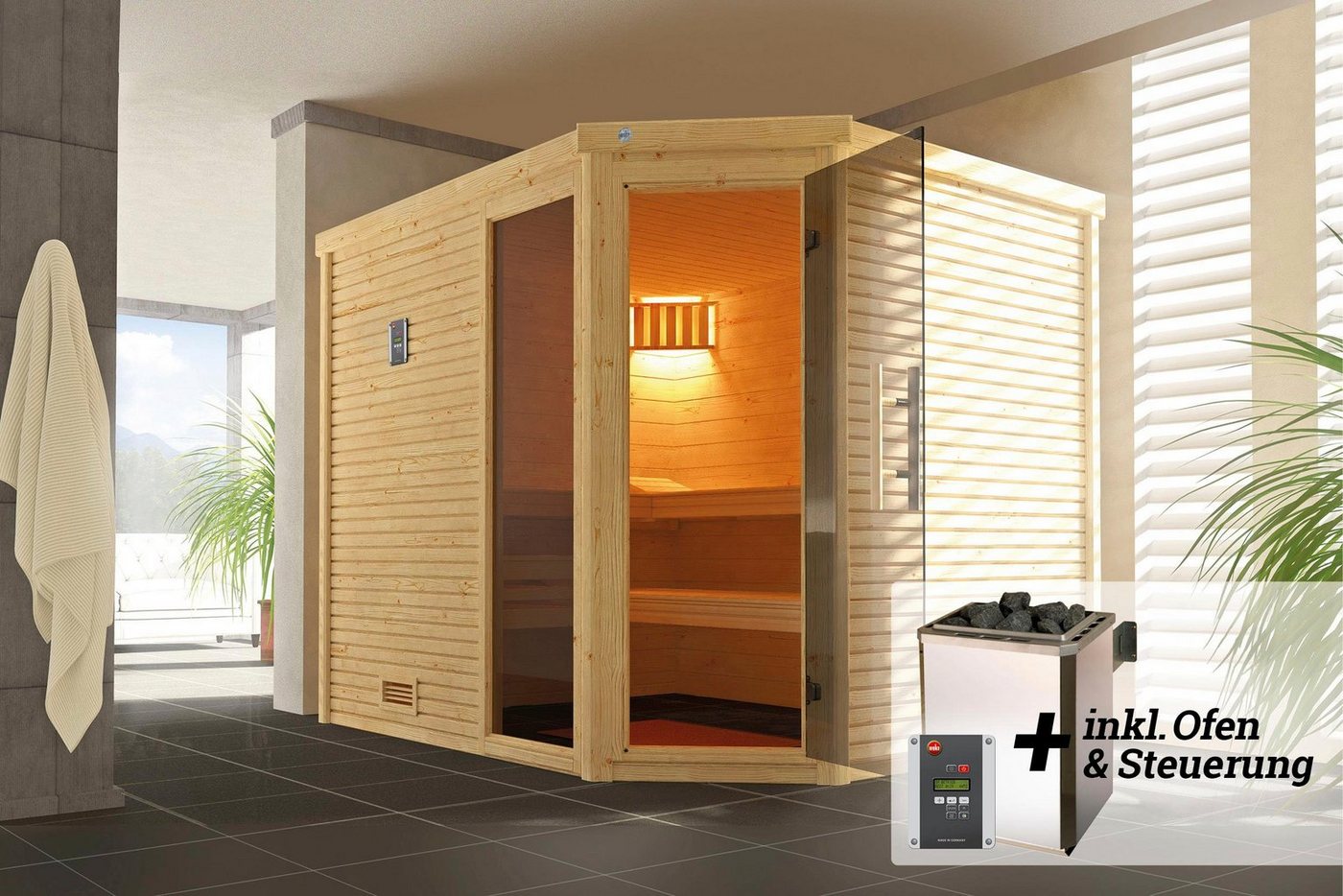 Thumbnail - weka Sauna Cubilis, BxTxH: 248 x 198 x 205 cm, 45 mm, (Set) 7,5 kW-Ofen mit digitaler Steuerung