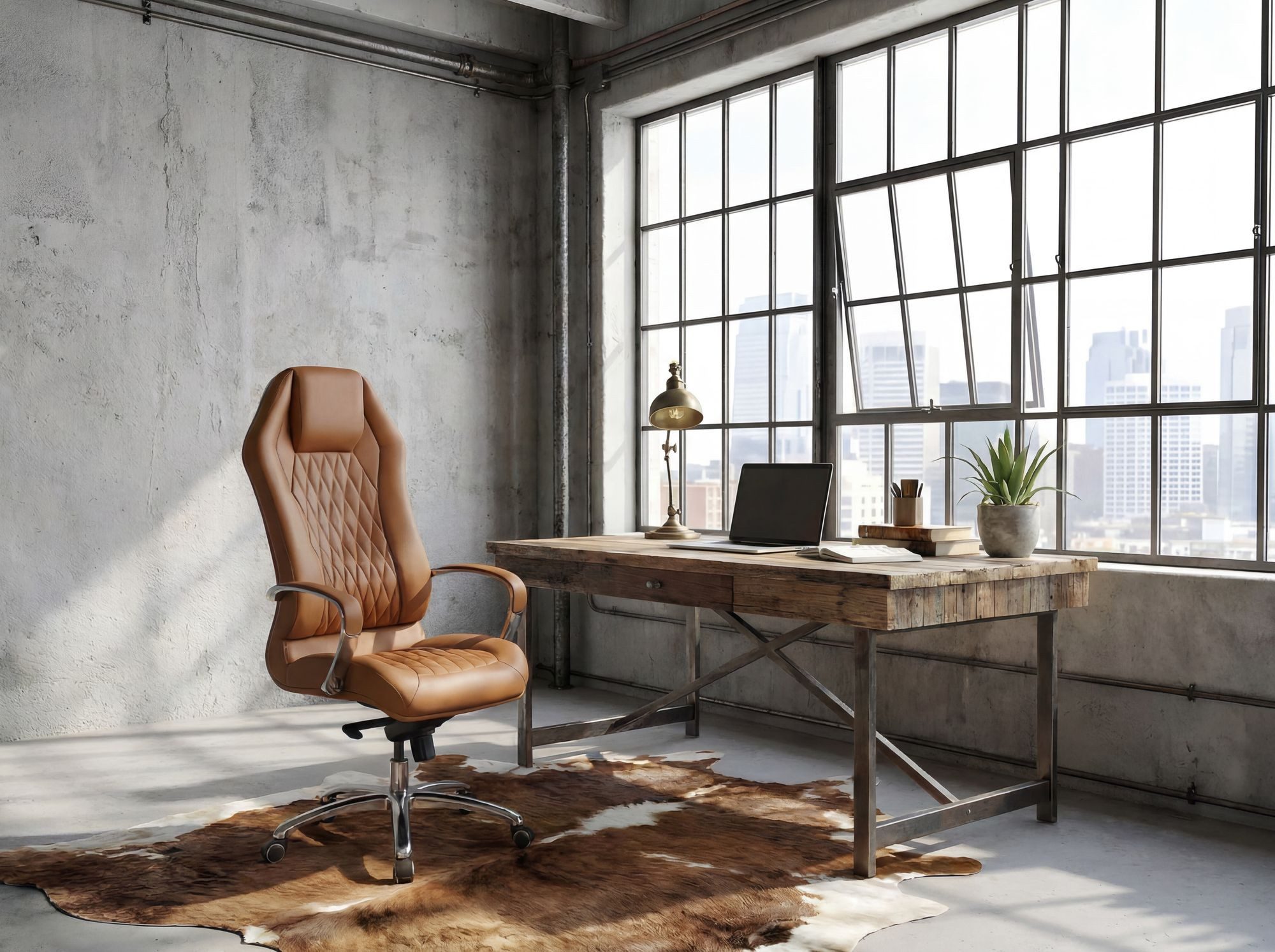 FINEBUY Chefsessel Bürostuhl MONTEREY Echtleder Schreibtischstuhl Drehstuhl (Bürostuhl MONTEREY Echtleder Caramel 120KG), Schreibtischstuhl Hohe Rückenlehne mit Kopfstütze