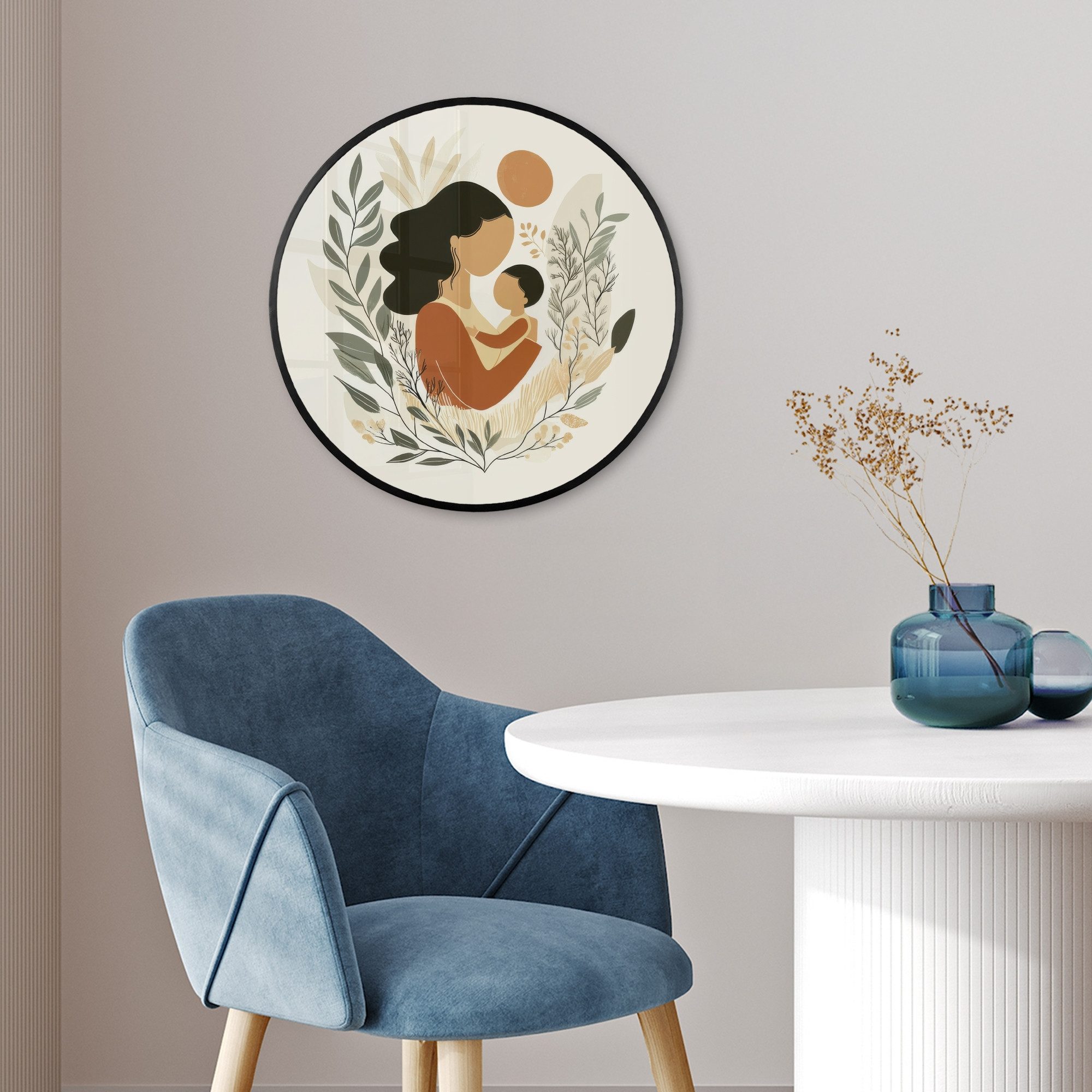 MuchoWow Poster Rund - Illustration - Mutter - Kind - Liebevoll, (1 St), Runde Wandbilder, Deko für Wohnzimmer und Schlafzimmer, 40x40 cm