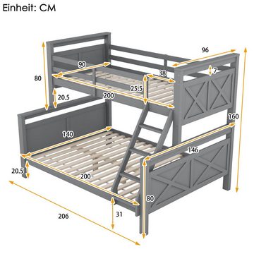 HAUSS SPLOE Bett Etagenbett Hochbett Kinderbett Stockbett mit Lattenrost Bettrahmen (mit Leiter und Sicherheitsgeländer), Ohne Matratze