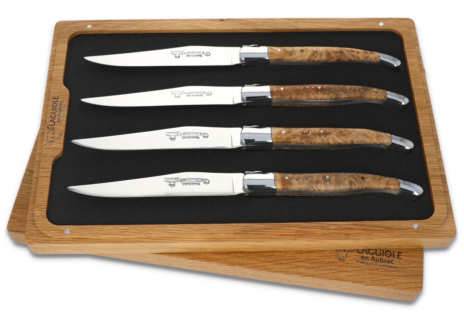 Laguiole en Aubrac Стейк ножи 42C99TYIH BRI 4er Set - Griff Linde - Backen glänzend - Klinge glänzend - Holzbox
