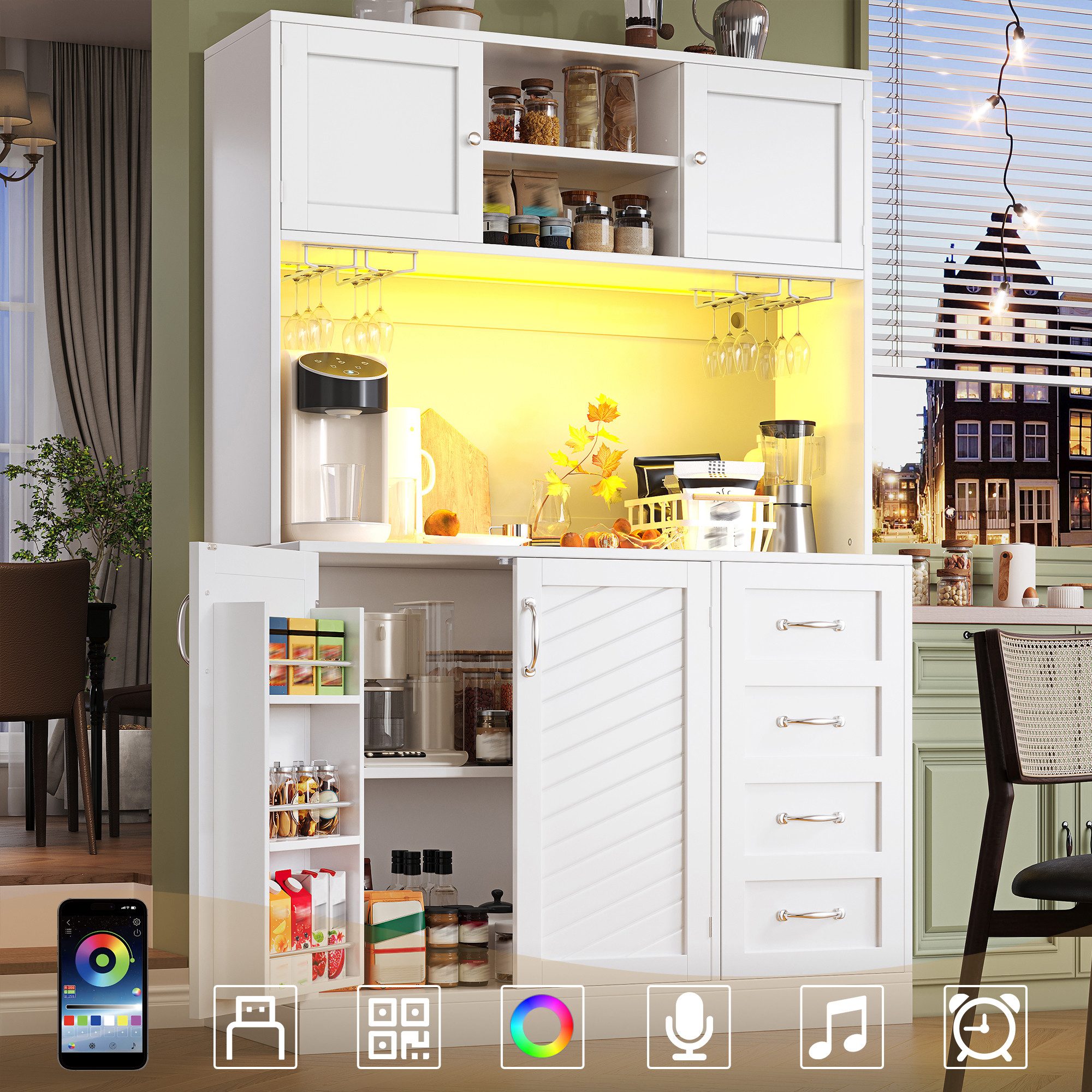 Flieks Küchenbuffet mit LED-Beleuchtung, Gläserhalter, Schubladen und Türablagen (1-St., B120/T40/H188 cm) Hochschrank Küchenschrank Geschirrschrank mit Arbeitsplatte Weiß