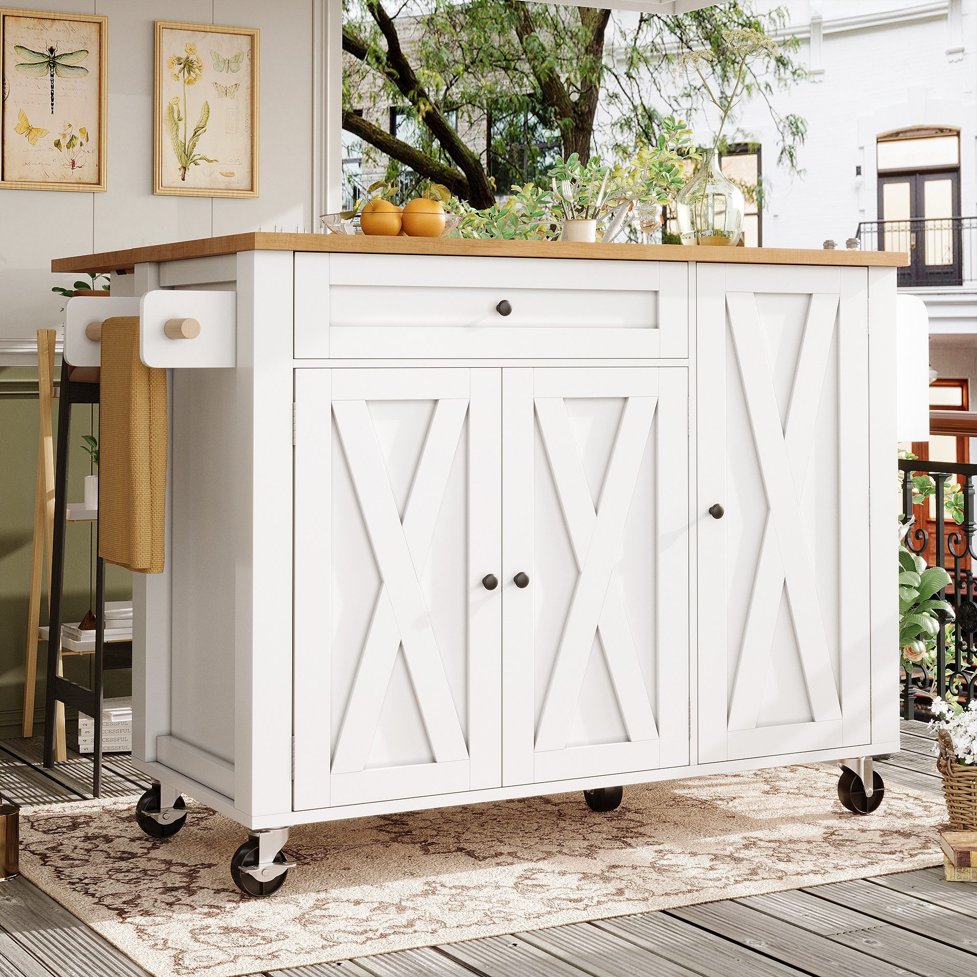 Odikalo Кухниinsel mit Arbeitsplatte, Кухниwagen Servierwagen Sideboard, (Kücheninsel, Schränke, Buffetschrank, 99x70(40)x90 cm, ausziehbarer Кухниwagen mit Rollen, mit Handtuchhalter, Gewürzregal, Türfachregalen, verstellbaren Einlegeböden, drei Türen, einer Schublade, Weiß)