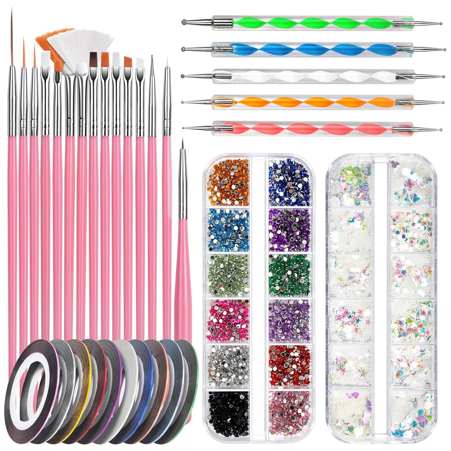 Refined Living Nageldesign Zubehör Nail Art Pinsel Set, Nail Art Dekorationen & Nagelpinsel Set, 32-teiliges Set. 15 Gel-Nagelpinsel, 5 Punktstifte, Strassnägel, ultradünner Nagelglitter, 10 Rollen Maniküreband, Nagelkunst-DIY-Set, Maniküre-Werkzeuge, Pinsel Für Gelnägel, professionelle Studio- Qualitat langanhaltender Glanz