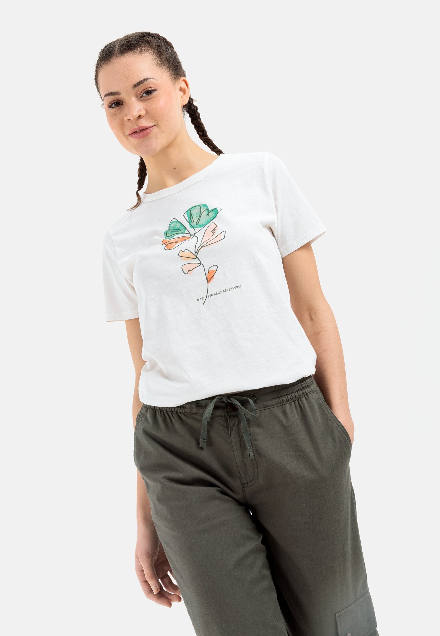 camel active T-Shirt in Organic Grün-Orange Cotton