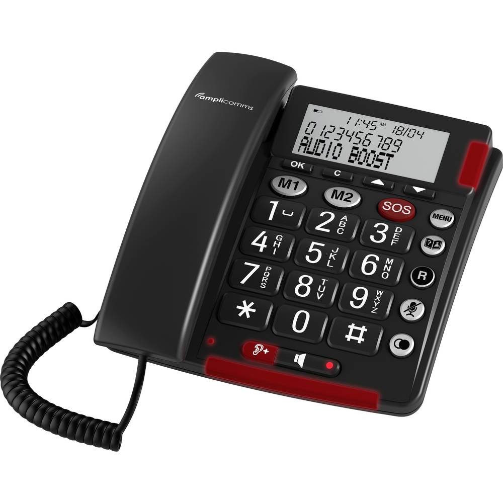 Amplicomms Schnurgebundenes Seniorentelefon ATLE1424096 Seniorentelefon (für Hörgeräte kompatibel, inkl. Notrufsender, Wahlwiederholung)