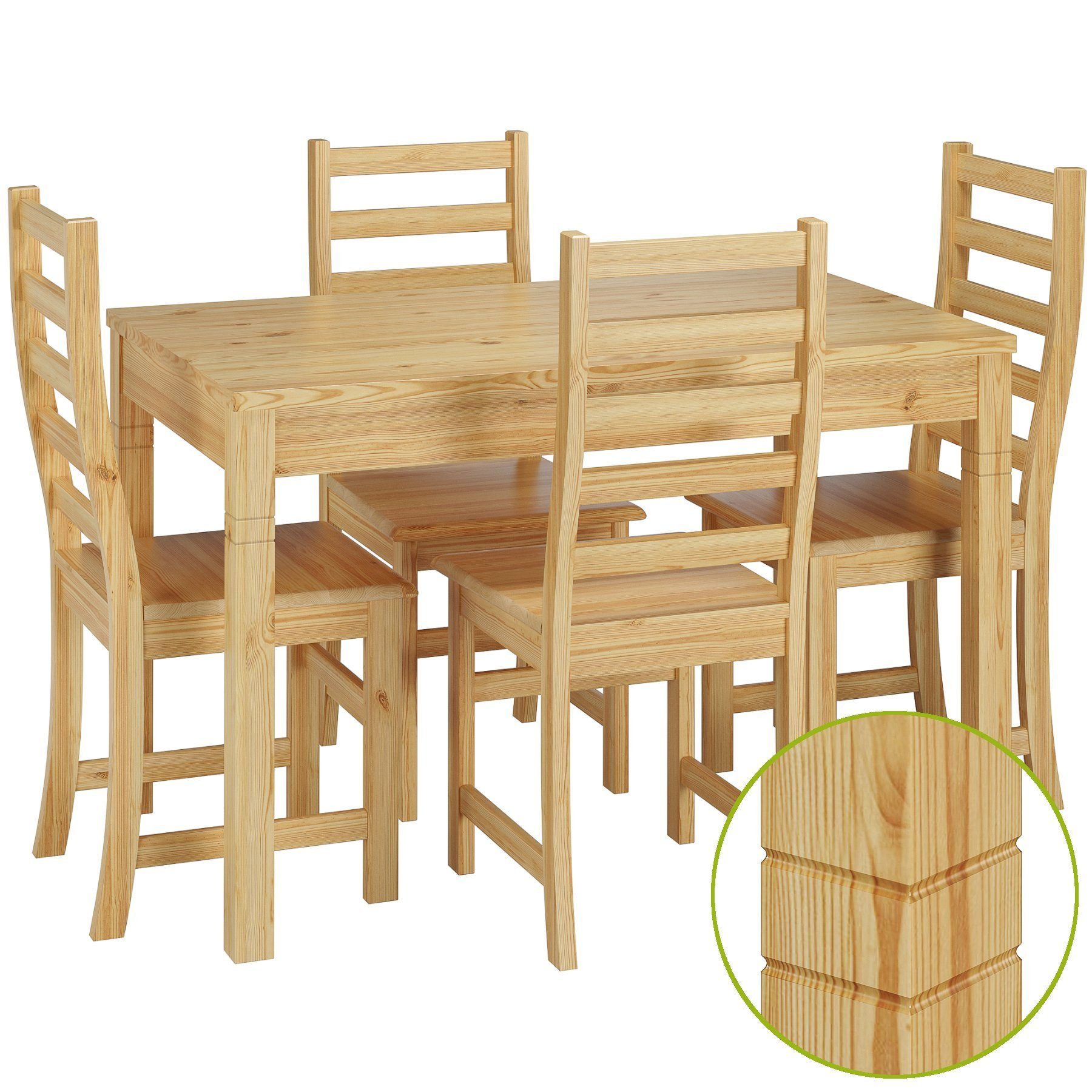 ERST-HOLZ Essgruppe mit Schöne natur Massivholz Essgruppe Tisch und 4 Stühle Kiefer