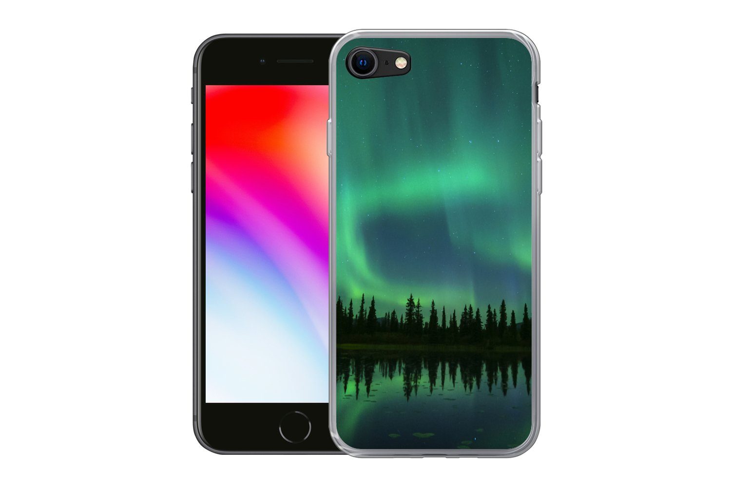 MuchoWow Handyhülle für Apple iPhone 8 Nordlicht - Bäume - Wasser - Alaska, Smartphone-Bumper, Print, Handy Schutzhülle Dünn