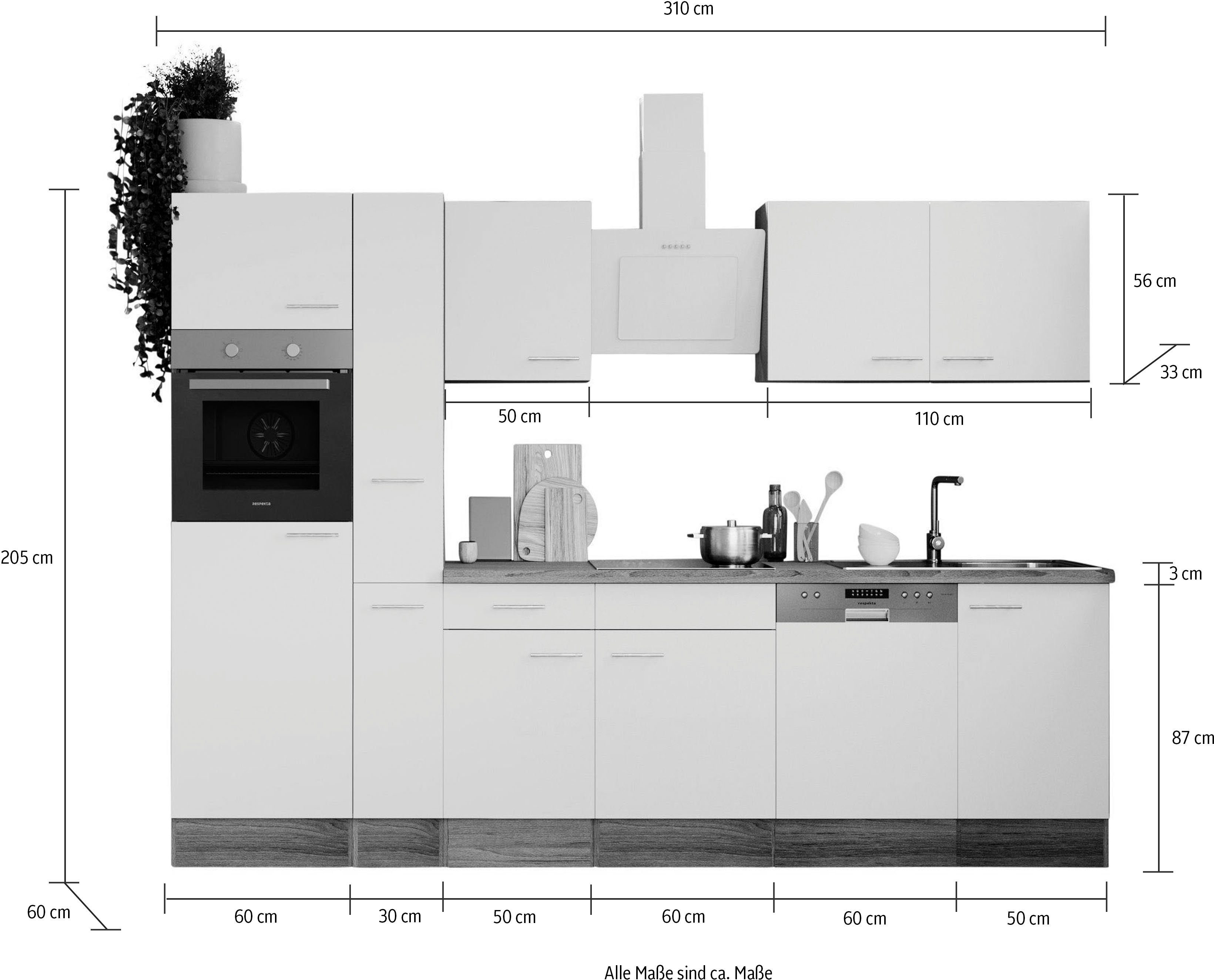 RESPEKTA Küche Oliver, Breite 310 cm, wechselseitig aufbaubar