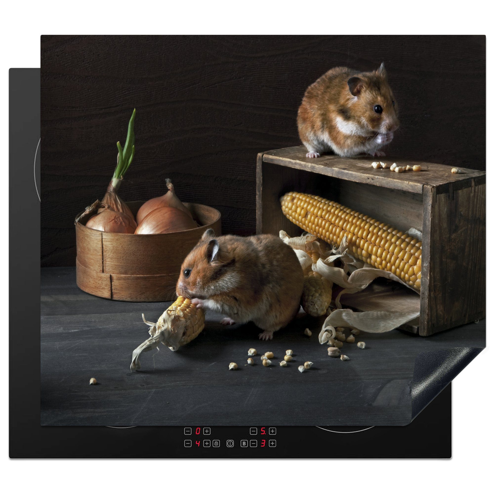 MuchoWow Herdblende-/Abdeckplatte Stilleben von Hamstern, die Mais fressen, Vinyl, (1 tlg), 60x52 cm, Mobile Arbeitsfläche nutzbar, Ceranfeldabdeckung
