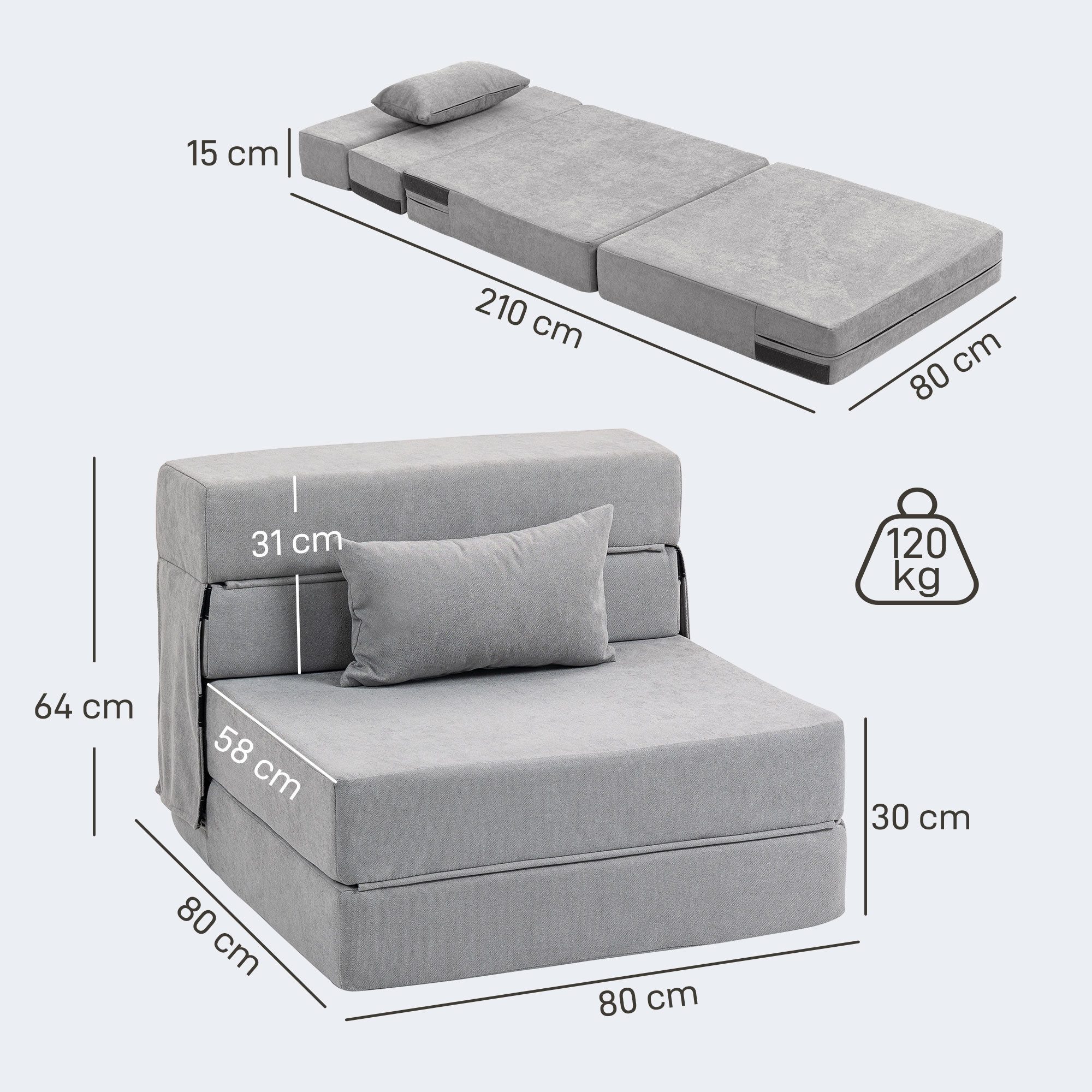 HOMCOM Schlafsofa Klappbar Sessel mit Verstellbarer Rückenlehne Kissen Gästebett, Sofa 1 Teile, Schlafsessel mit Bettfunktion