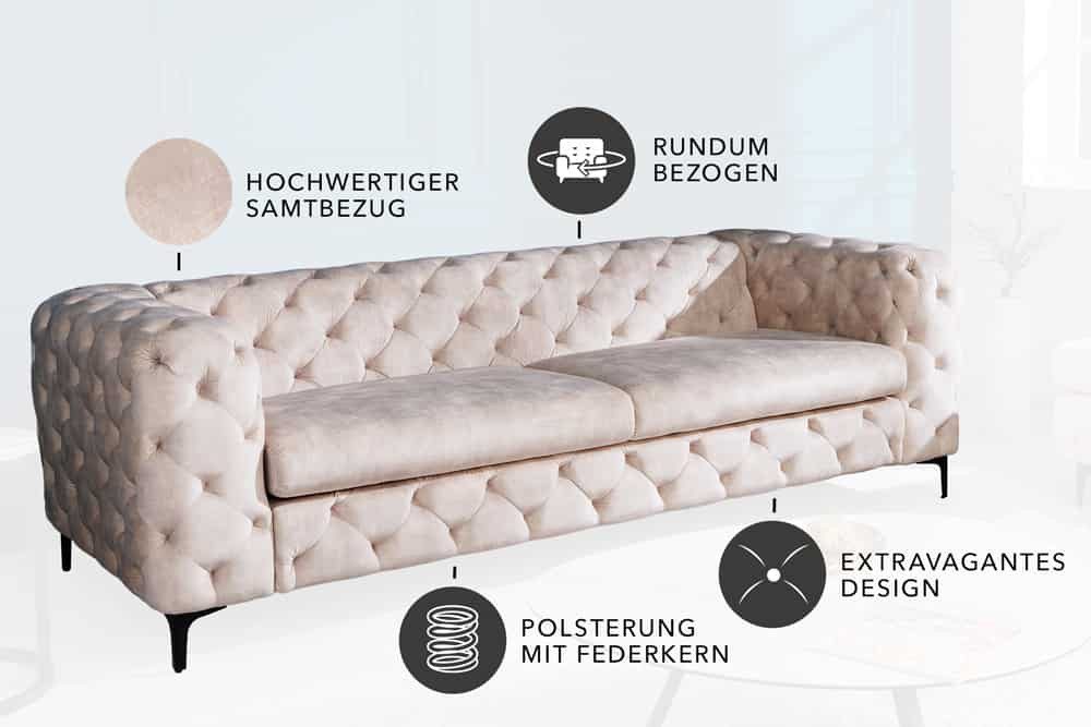 riess-ambiente 3-Sitzer MODERN BAROCK 235cm champagner beige – Samt, Federkern, Einzelartikel 1 Teile, Chesterfield-Design mit Ziersteppung – ideal für Wohnzimm – Bild 4 von 5