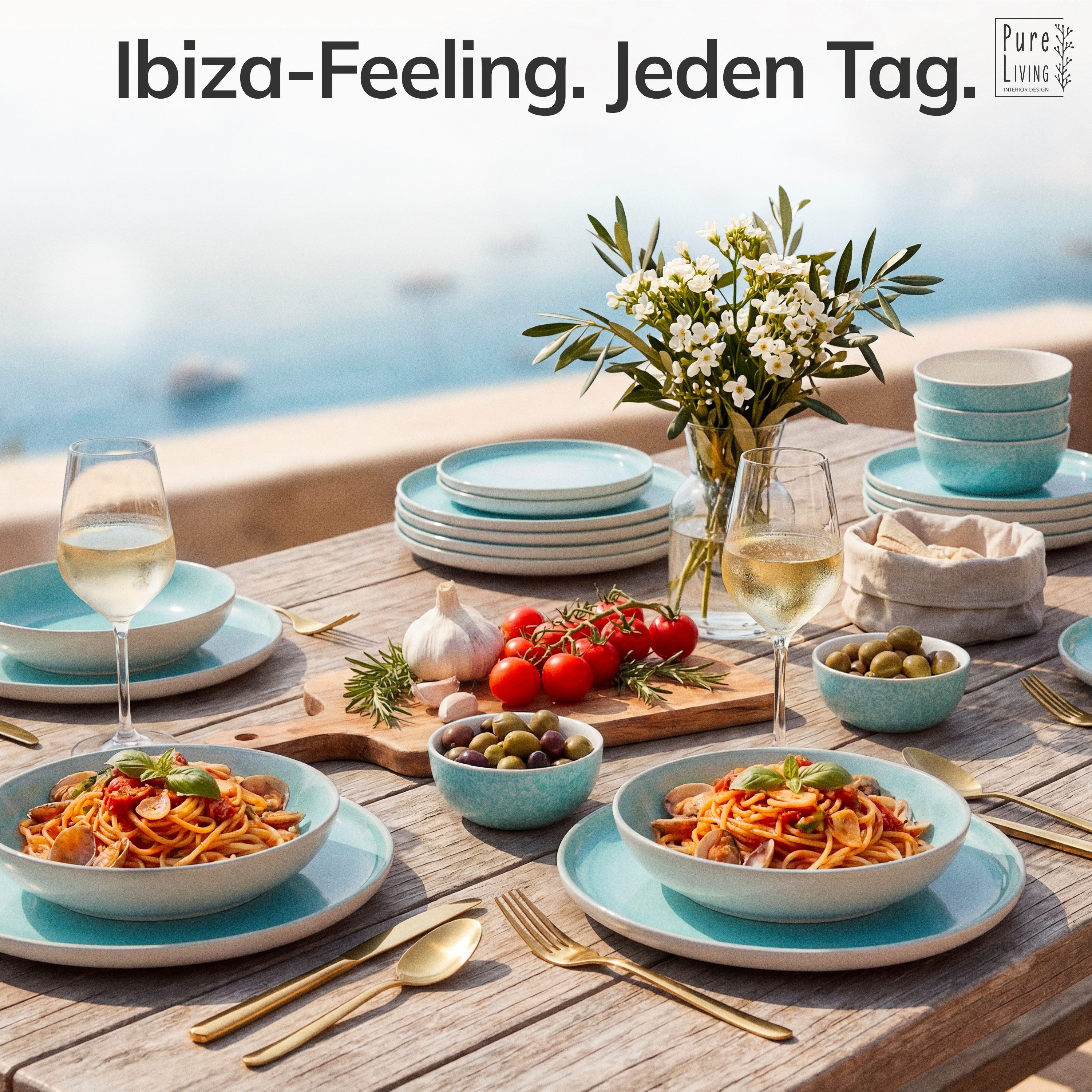 PURE LIVING INTERIOR DESIGN Geschirr-Set Pure Living Speiseteller 6er 26cm »Ibiza«, Steingut, Türkis, 6 Personen, Steingut, Mediterrane Handwerksoptik, Reaktive Glasur – jedes Stück einzigartig…