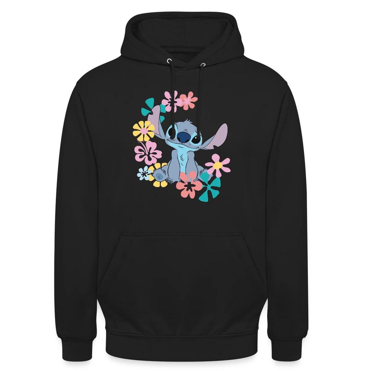 Spreadshirt Hoodie Lilo & Stitch, Stitch Mit Hawaiianischen Blumen Unisex Hoodie (1-tlg) Unisex-Schnitt: Sitzt bei Männern körpernah, bei Frauen weit