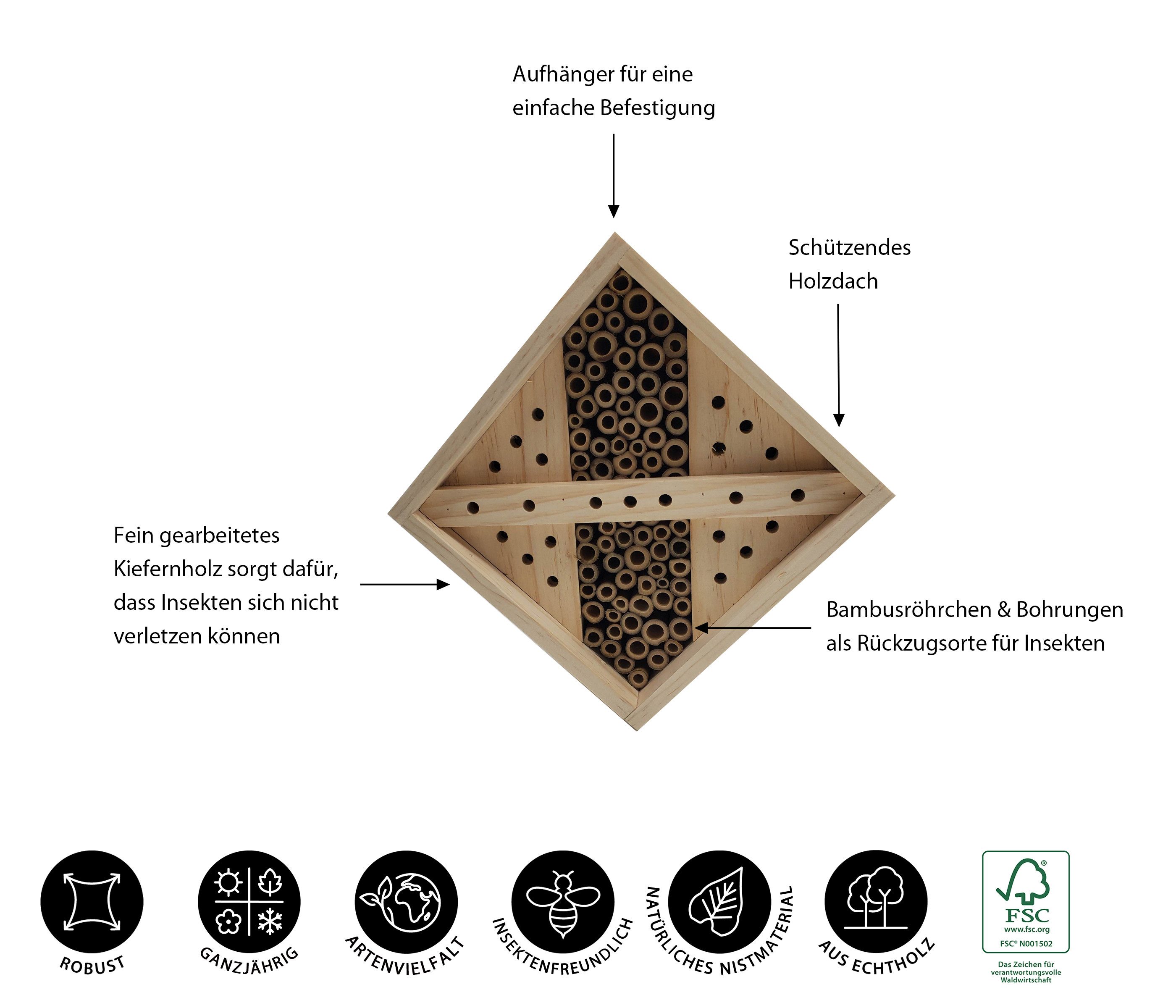Dehner Insektenhotel Natura Premium Nueva für Wildbienen, 18 x 18 x 11 cm, aus FSC®-zertifizierten Kiefernholz, natur