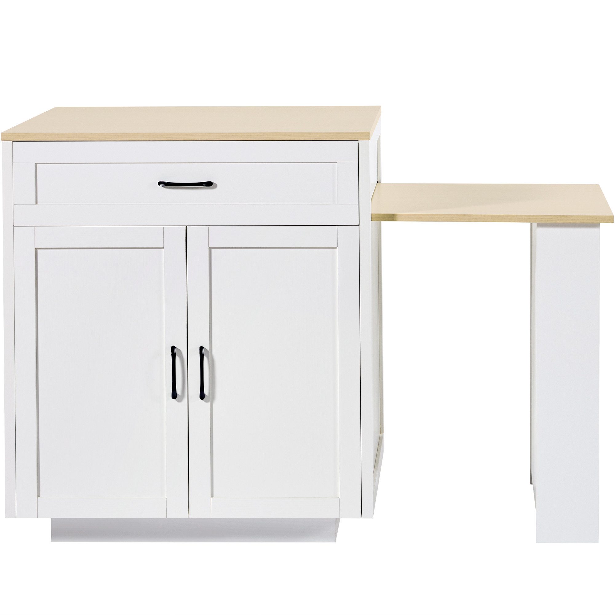 Flieks Kücheninsel mit ausziehbarer Esstisch, (Schrankmaße: B80/T70/H93,5 cm, Tischmaße: B124/T59/H75 cm), Küchenschrank mit Arbeitsplatte, 2 Schublade und 4 Fä – Bild 4 von 5