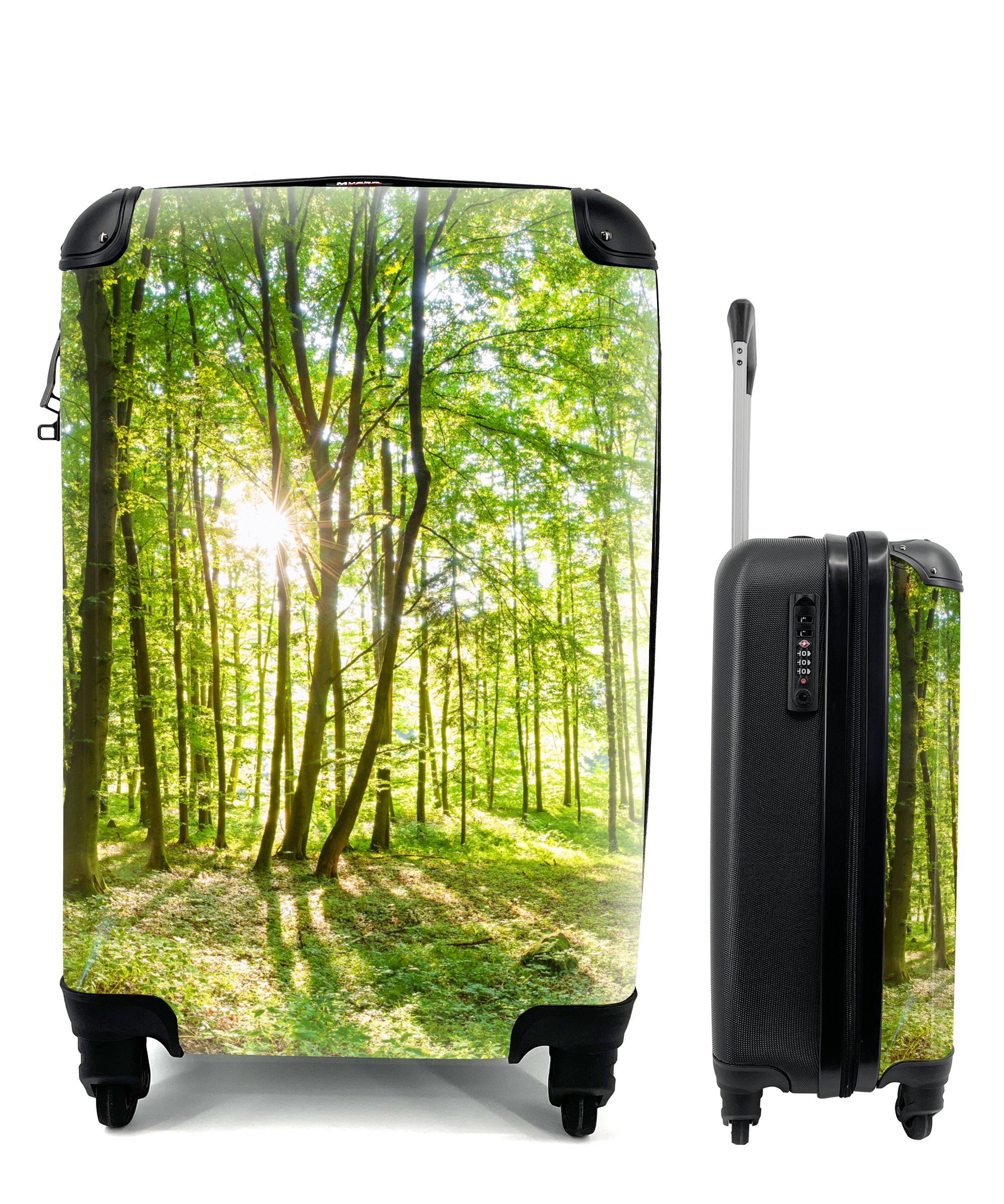 MuchoWow Handgepäckkoffer Bäume Reisetasche Ferien, 4 Trolley, - - - für Rollen, - Reisekoffer Natur Wald rollen, Handgepäck Sonnenlicht, mit Grün