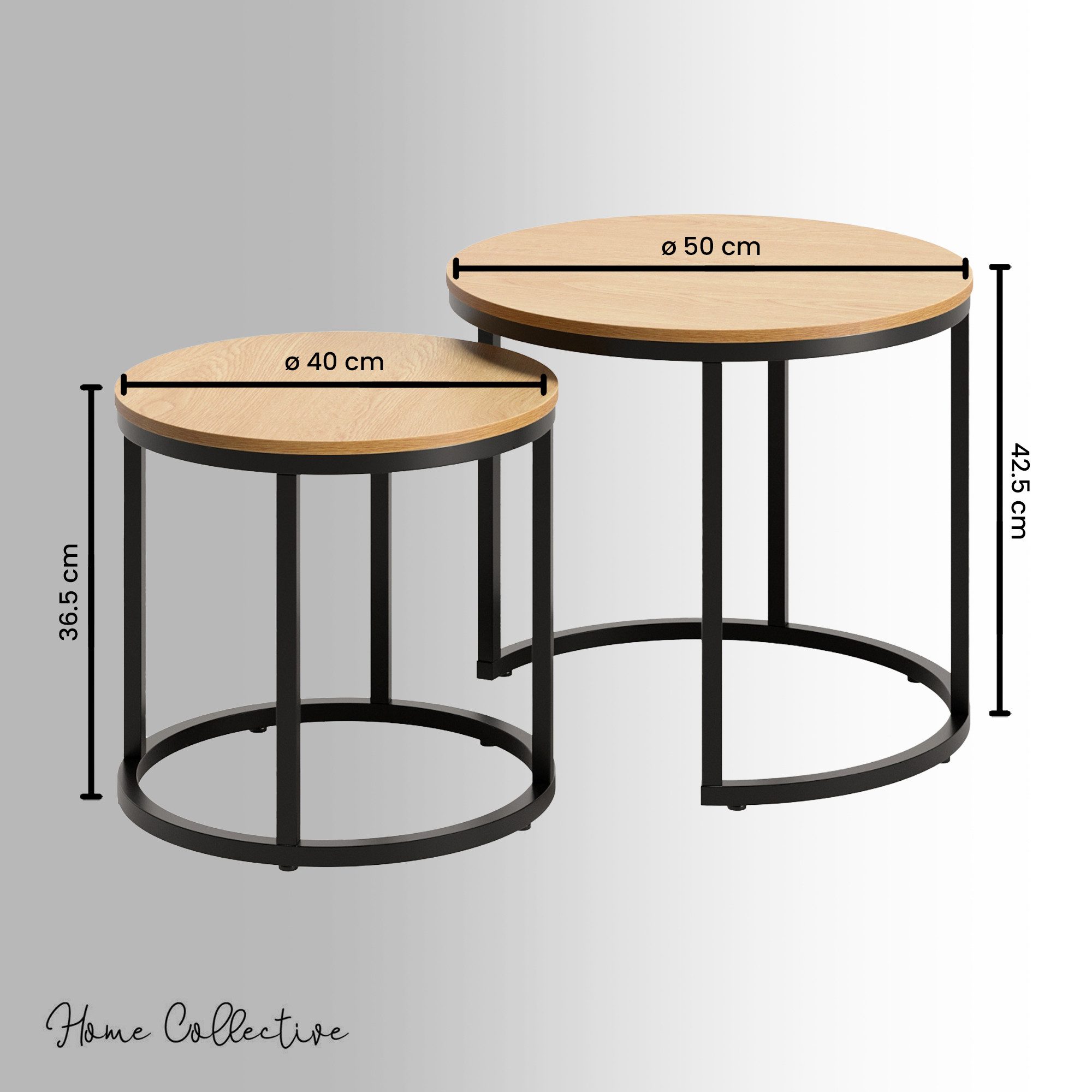 Home Collective Couchtisch 2er Set Beistelltisch Wohnzimmertisch modern rund und quadratisch (ideal als Büro Ablagetisch oder als Wohnzimmer Deko, Kleiner runder Tisch Set 2 in 1), hochwertiges Design mit Metallgestell, stabile Tischplatte, eiche hell