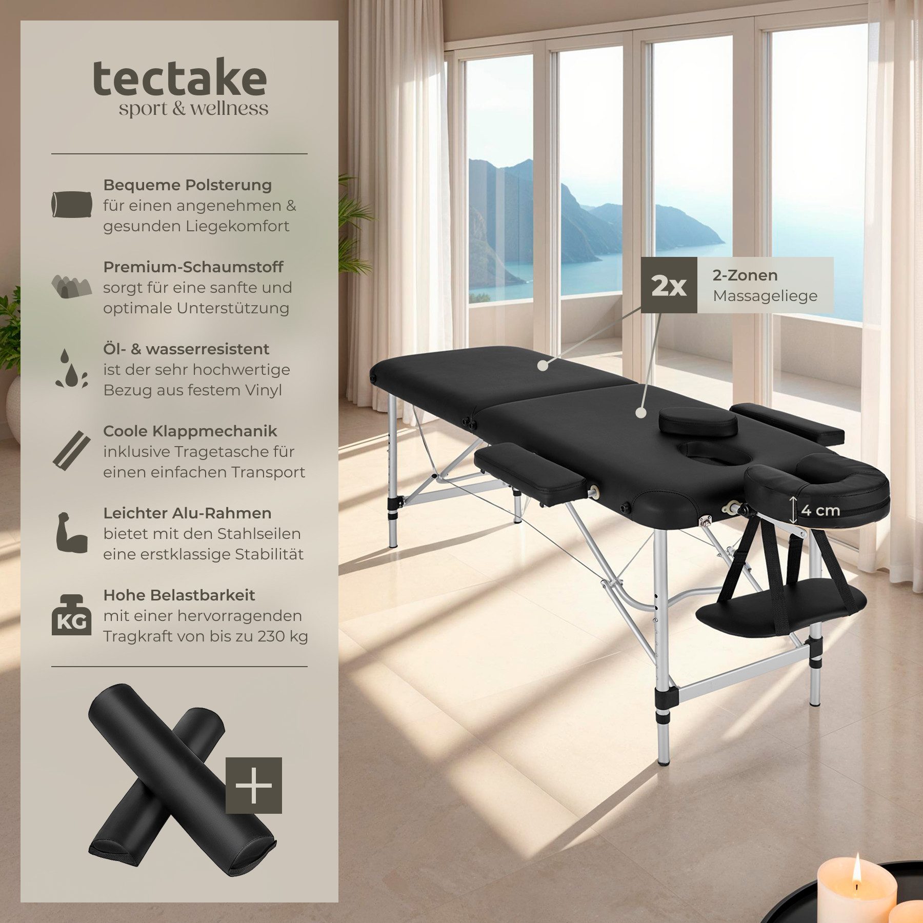 tectake Massageliege 2 Zonen Massageliege-Set (Set, 1-St., mit Tragetasche), Breite 61 cm, Polsterung 4 cm