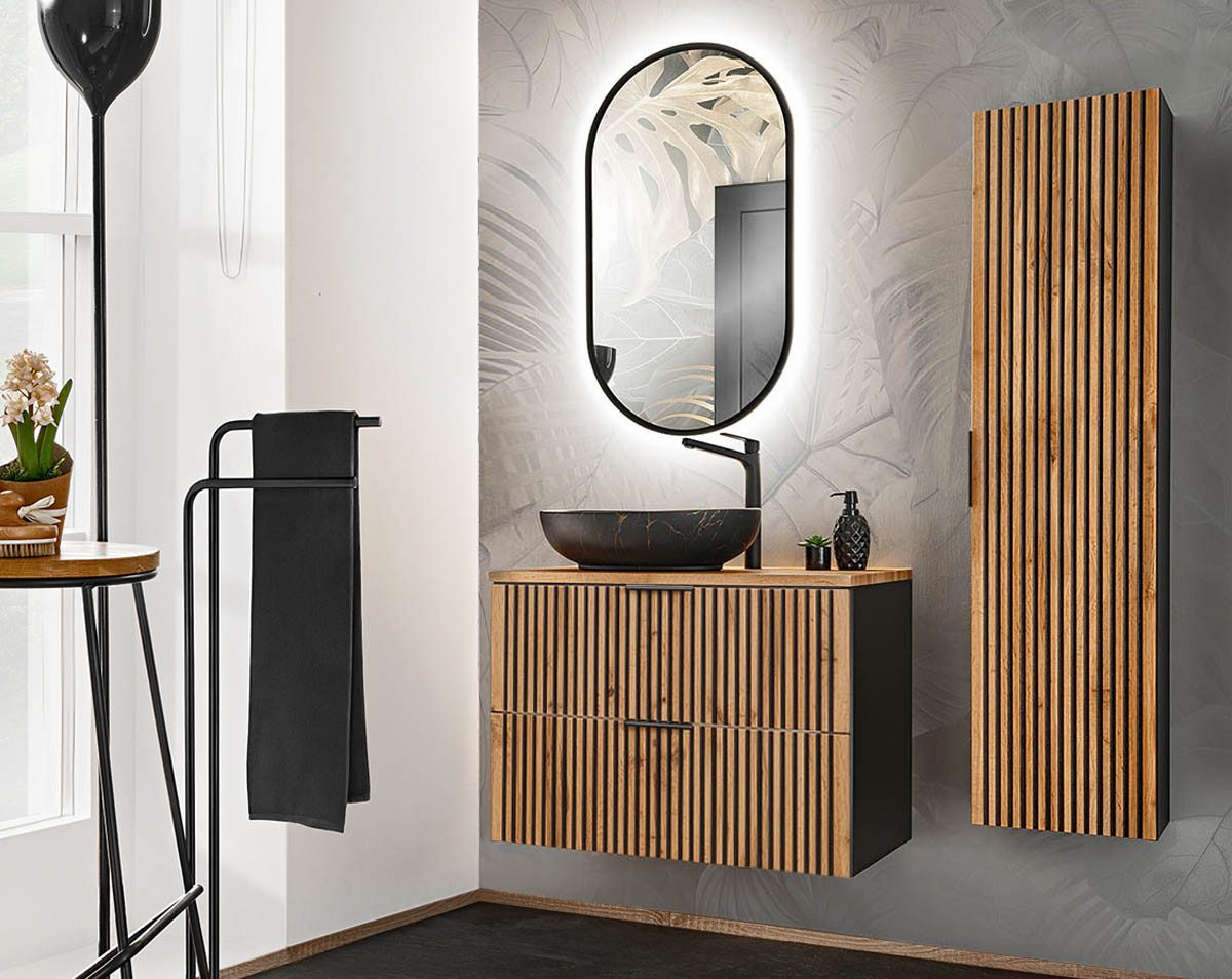 einfachgutemoebel Waschtisch-Set Bad Set 3-teilig TRIBUNE 80cm, Becken black, Schwarz - Wotan-Eiche, (Badmöbel Set, 1-St., Waschtisch SET 3-teilig)
