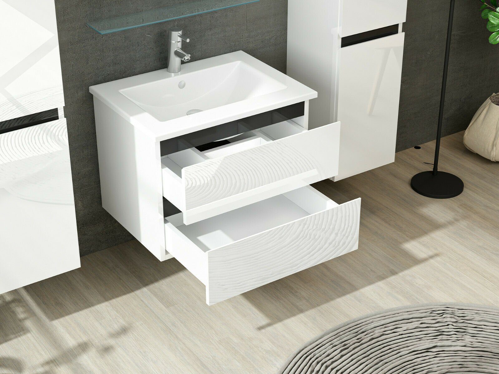 Homeline Badmöbel-Set Deniz und Marcel New in 3 Größen Hochglanz Badmöbel, (Komplettes Badmöbel Set, 6-St., Badmöbel Weiß Hochglanz bis 6 Teilig Badezimmermöbel), Hochglanz Optik Mit 2 Schubladen