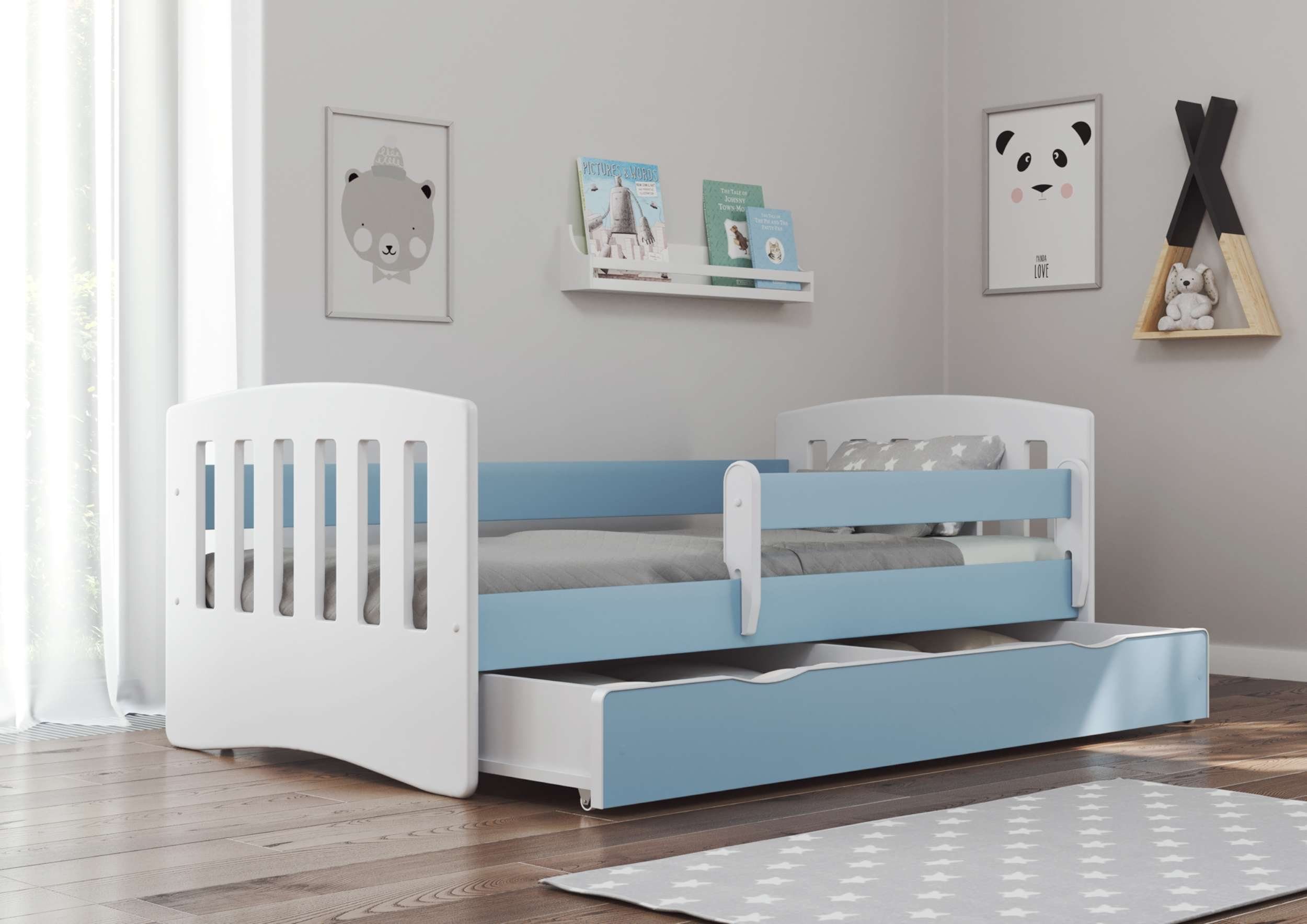 Stylefy Jugendbett Amira (Kinderbett, Bett), Holzwerkstoff, variabel x 80 mit - Weiß Kinder Hellblau Schublade, 140/160/180 für cm, stellbar, aus