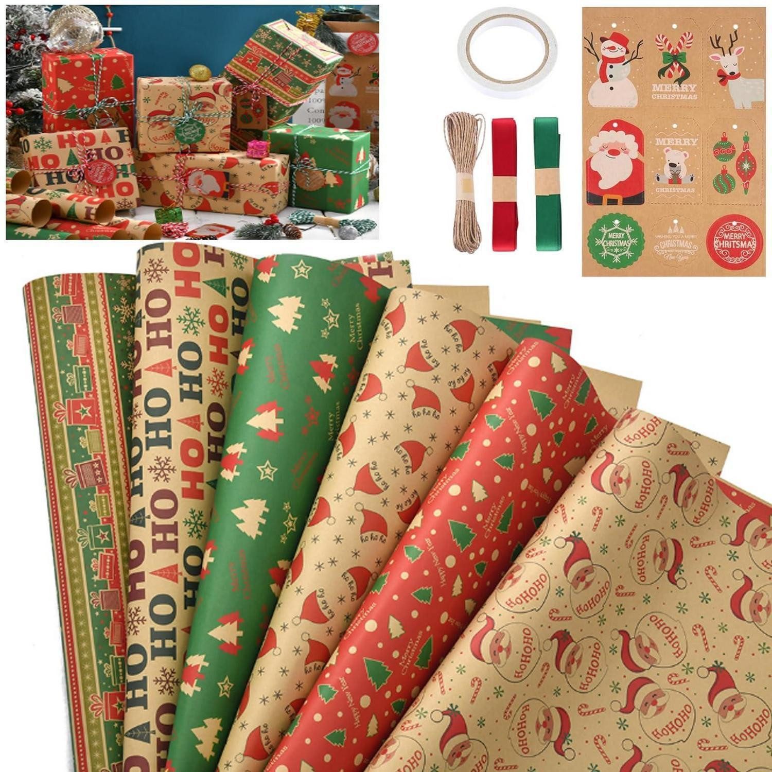 LuxusKollektion Geschenkpapier Geschenkpapier Weihnachten 12er Set Kraftpapier 70x50cm, (12St)